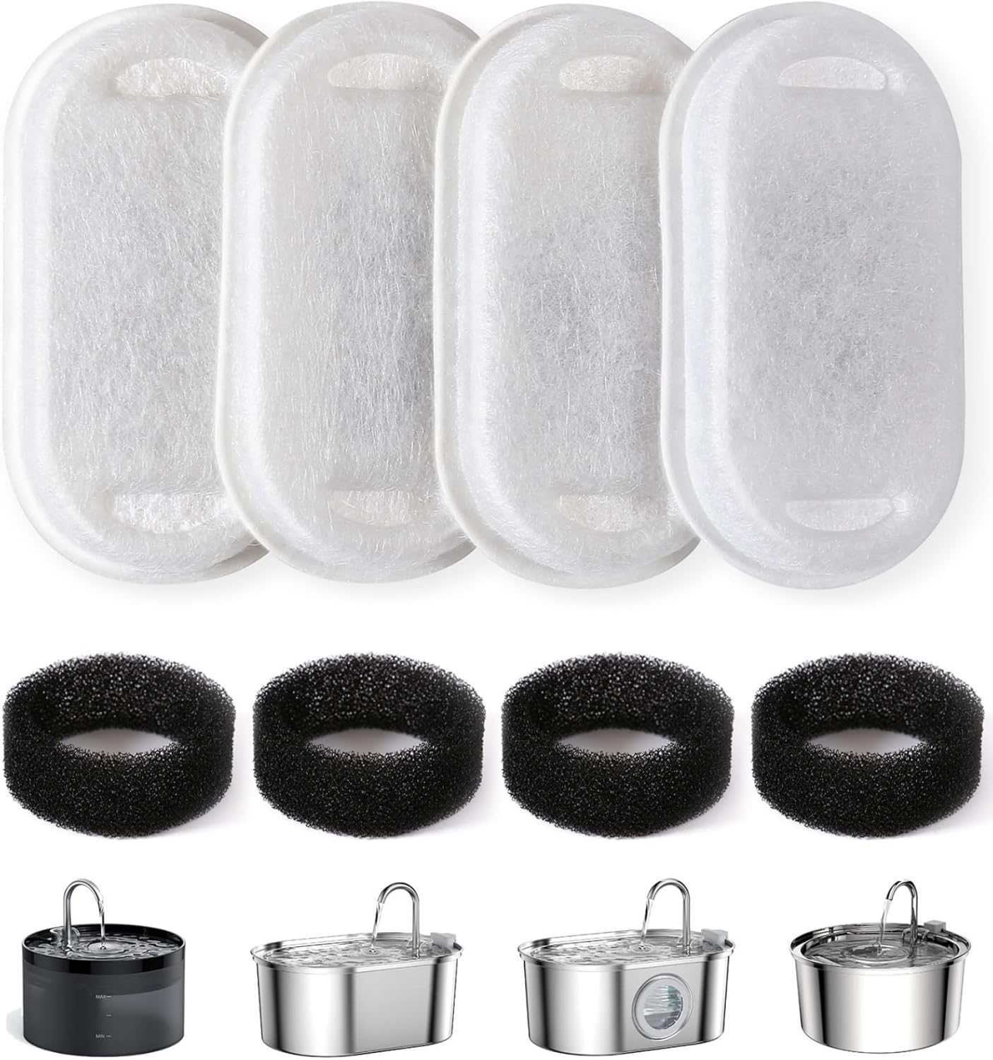 8Pcs Cat Water Fountain Filters,Hiumotan Filters for Cat Drinking Fountains,Replacement Pet Water Fountain Filters for 67Oz/2L,108Oz/3.2L Pet Water Fountain,4 Triple Filtering Filter & 4 Foam, Sponge image number 4