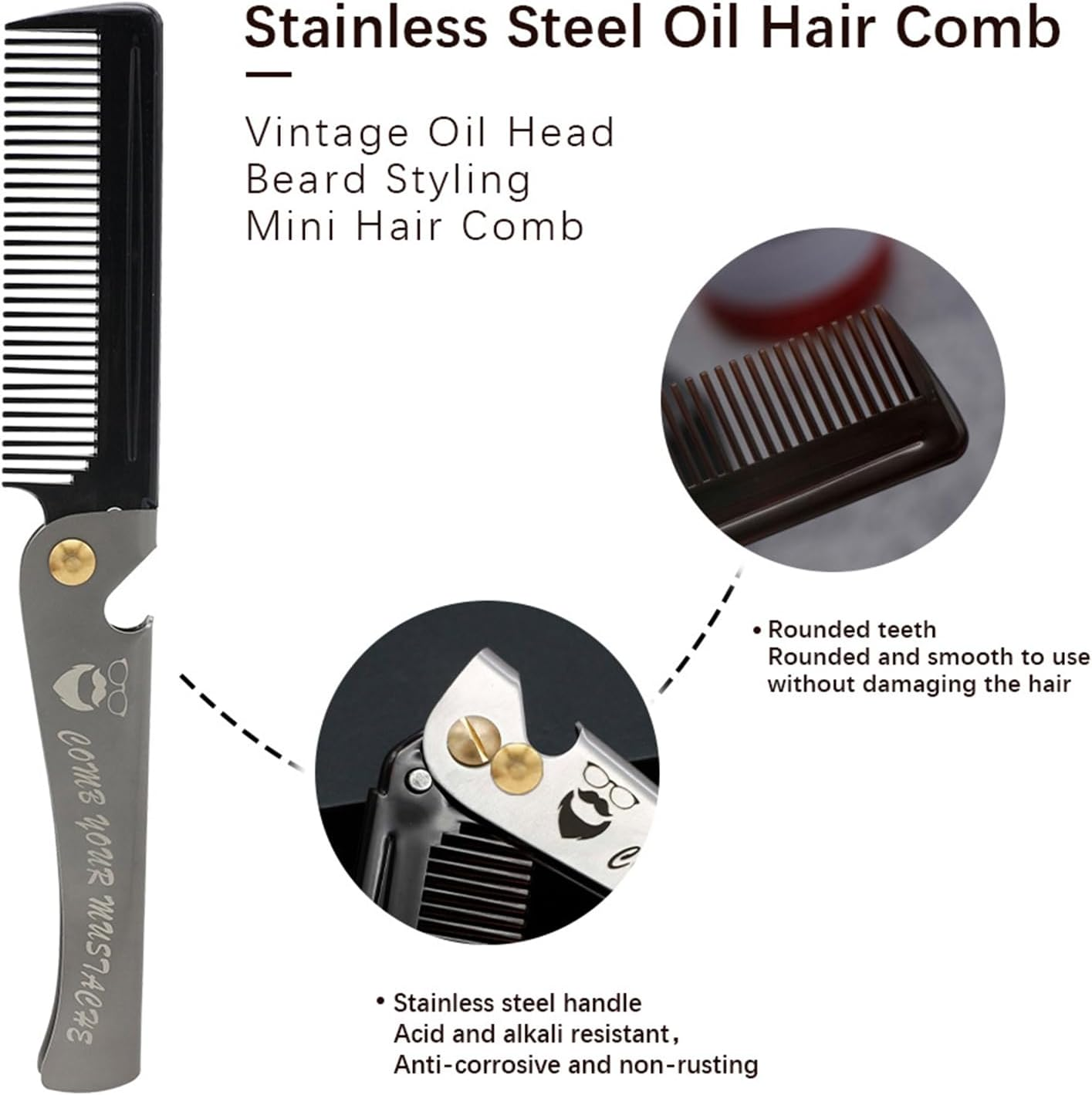 Ziyonix Portable Moustache Comb, Folding Beard Comb, Pocket Beard Comb, Foldable Comb Hairdressing Tool for Men with Handle for Men, Salon, Home Styling image number 6