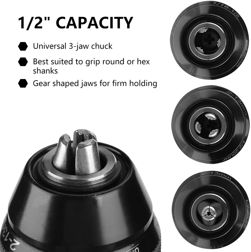Hymnorq 1/2-Inch Keyless Drill Chuck with SDS plus Shank Adapter &ndash; 1.5-13Mm (1/16" - 1/2") Capacity, 1/2-20UNF Mount &ndash; Heavy Duty All-Metal Self-Tightening Converter for Rotary Hammers image number 4