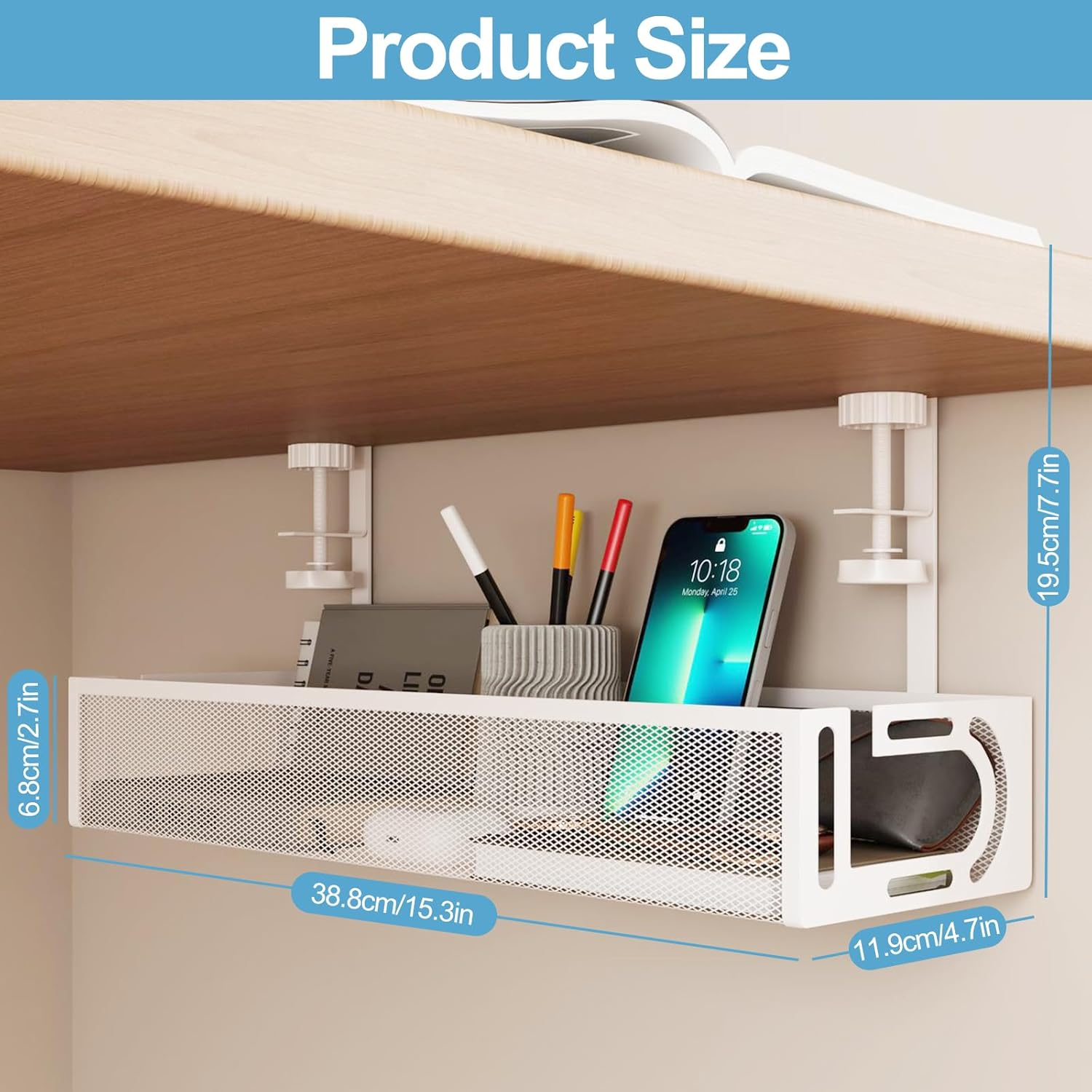 Ruaizel under Desk Cable Management Tray, 15.3'' No Drill Metal Desk Cable Organizers Wire Organizer & Cord Management under Desk Holder with Clamp for Home Office, White image number 4