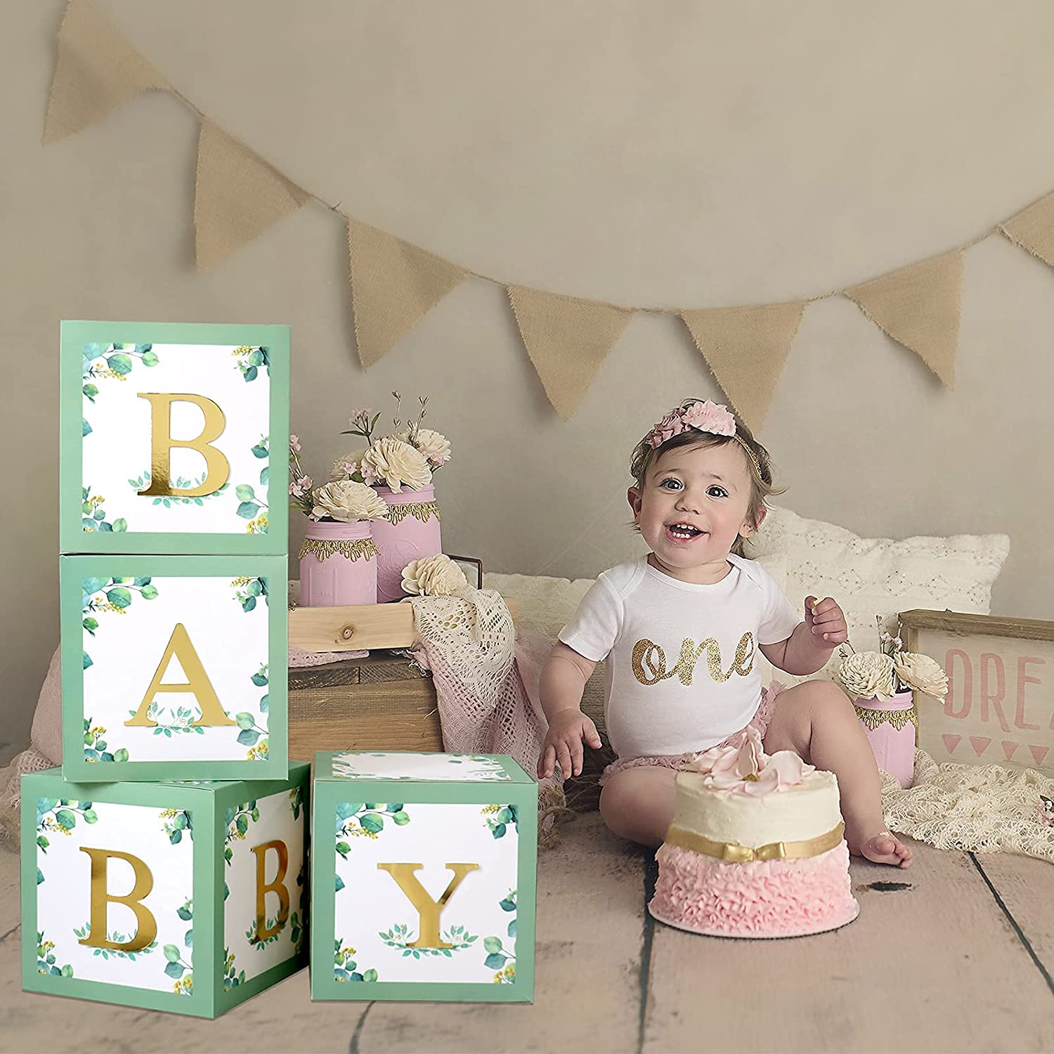 Sage Green Baby Shower Boxes for Birthday Party Decorations - 4 Large BABY Blocks with 4 Set of Gold BABY Letters,Boy Girl Baby Party Boxes for Baby Shower Backdrop,Gender Reveal Party Supplies - White image number 4