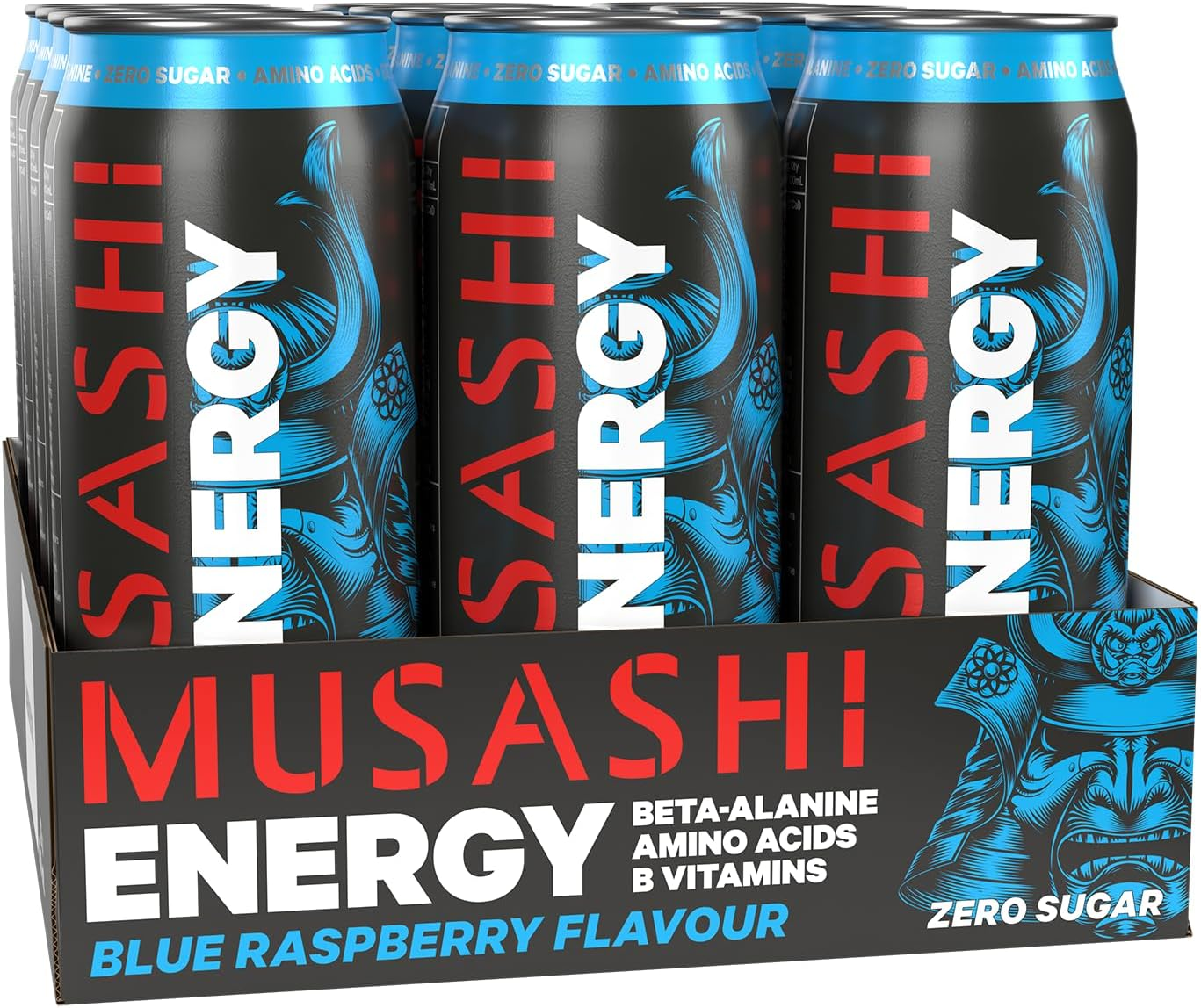 Musashi Energy Drink, Blue Raspberry Flavour, 12 X 500Ml &ndash; Performance Energy with Caffeine, Bcaas & Zero Sugar image number 1