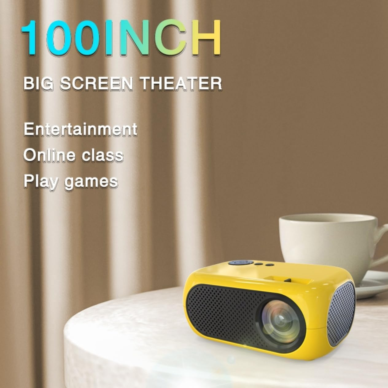 Portable Projector 1080P Full HD Supported Video Projector, Mini Projector Outdoor Home Theater Movie Projector, Compatible with HDMI, USB, AV, Smartphone/Tablet/Laptop Phone Projector (Yellow) - White image number 2