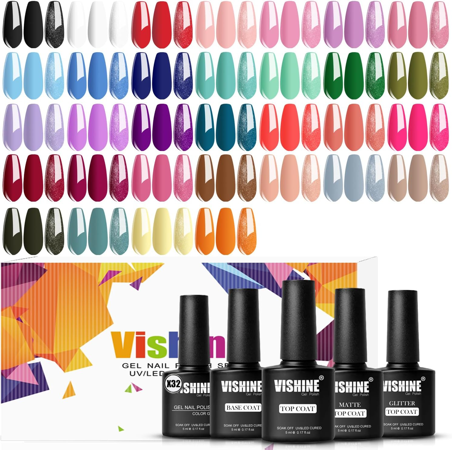 Vishine 36Pcs Pretty Blue Purple Glitter Gel Nail Polish Set, Base Coat Glossy Matte and Glitter Top Coat Nail Polish Set Green Red Pink Collection image number 6