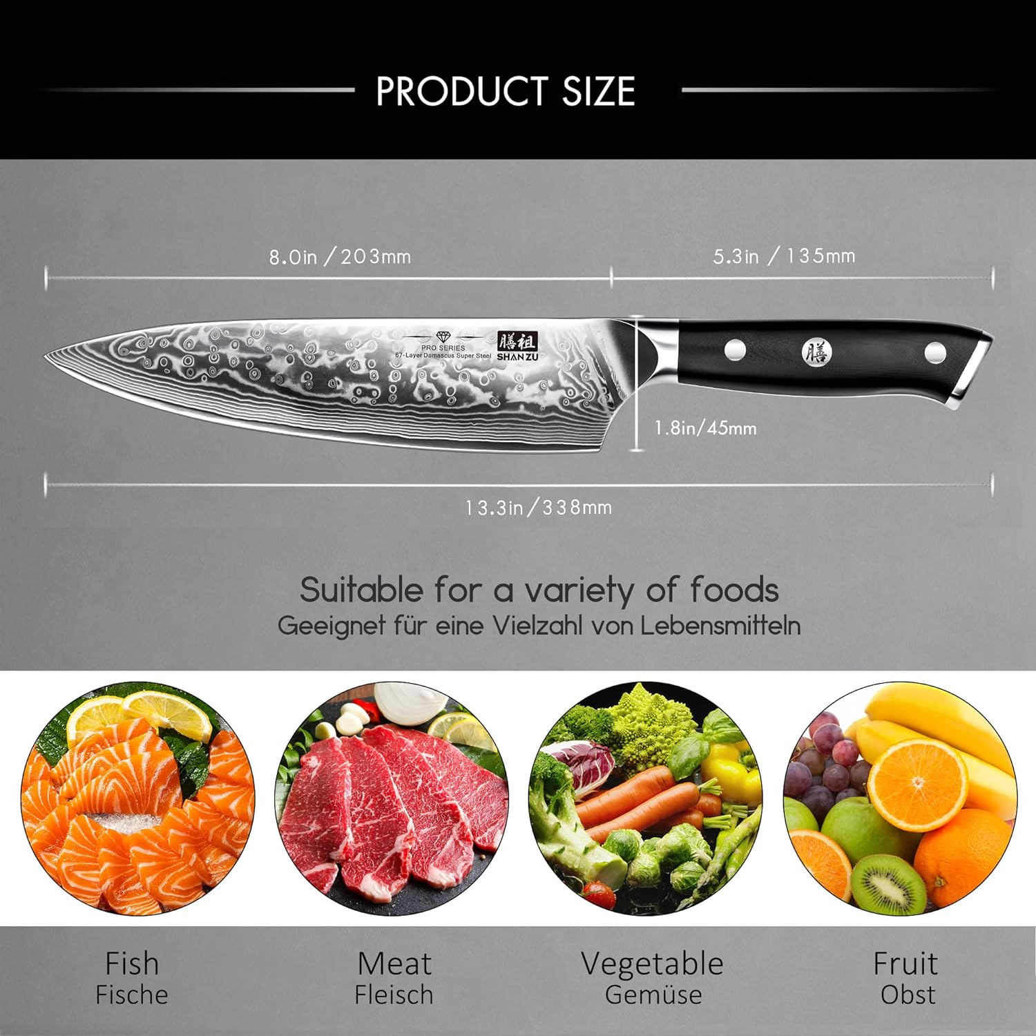 SHAN ZU Chef Knife 8 Inch Japanese Steel Damascus Kitchen Knife, Professional Kitchen Knives Sharp High Carbon Super Steel 67 Layers Kitchen Utility Knife with G10 Handle image number 6
