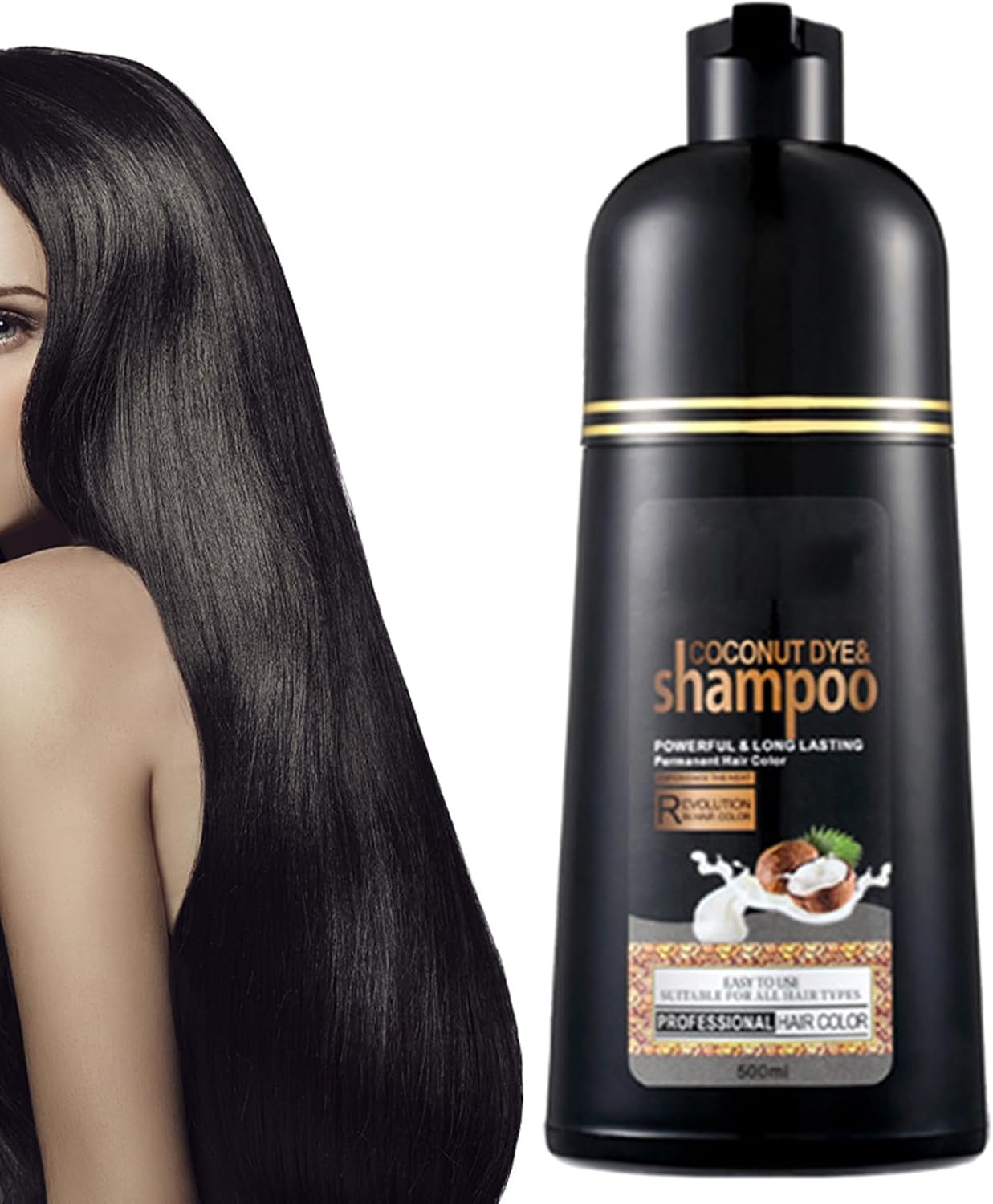 Instant Black Hair Dye Shampoo, 500Ml Plant Natural Oil Organic Hair Dye, Colour Shampoo - Long Lasting - Black Cororing in Minutes for Men Women, 500Ml