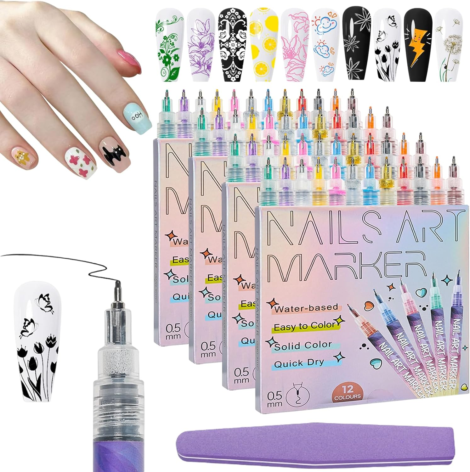 GOOTEGAX 12 Colors Nail Art Pens Set, 3D Nail Art Markers for Kids, Quickly Dry Nail Polish Pens, Nail Doodle Pens for Girls, Nailart Marker Set for Polishing, Dotting, Painting Liner Diy(4Pcs)