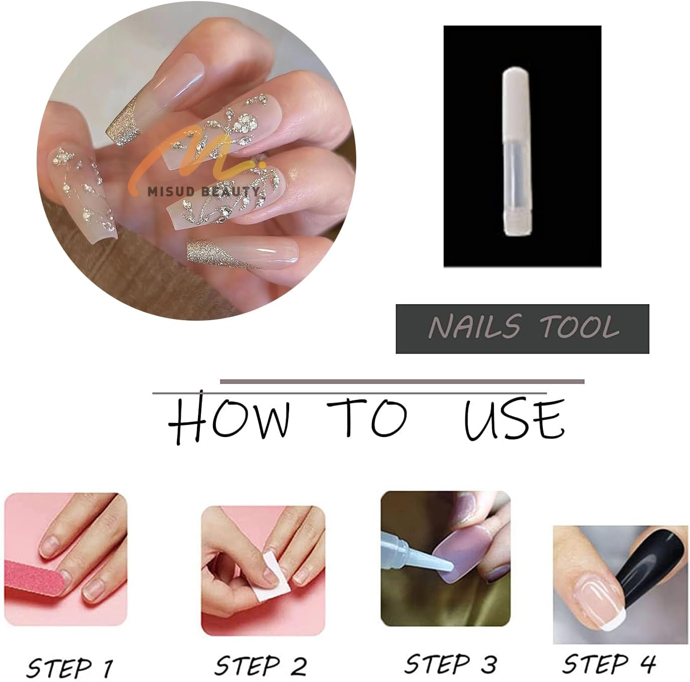 MISUD Press Nails Long Coffin False Nails Glossy Glue on Nails Gel Nude Acrylic Nails Bling Gold Glitter French Tip Ballerina Artificial Nails 3D Flower Rhinestone False Nails with Di - 03118Nude image number 3