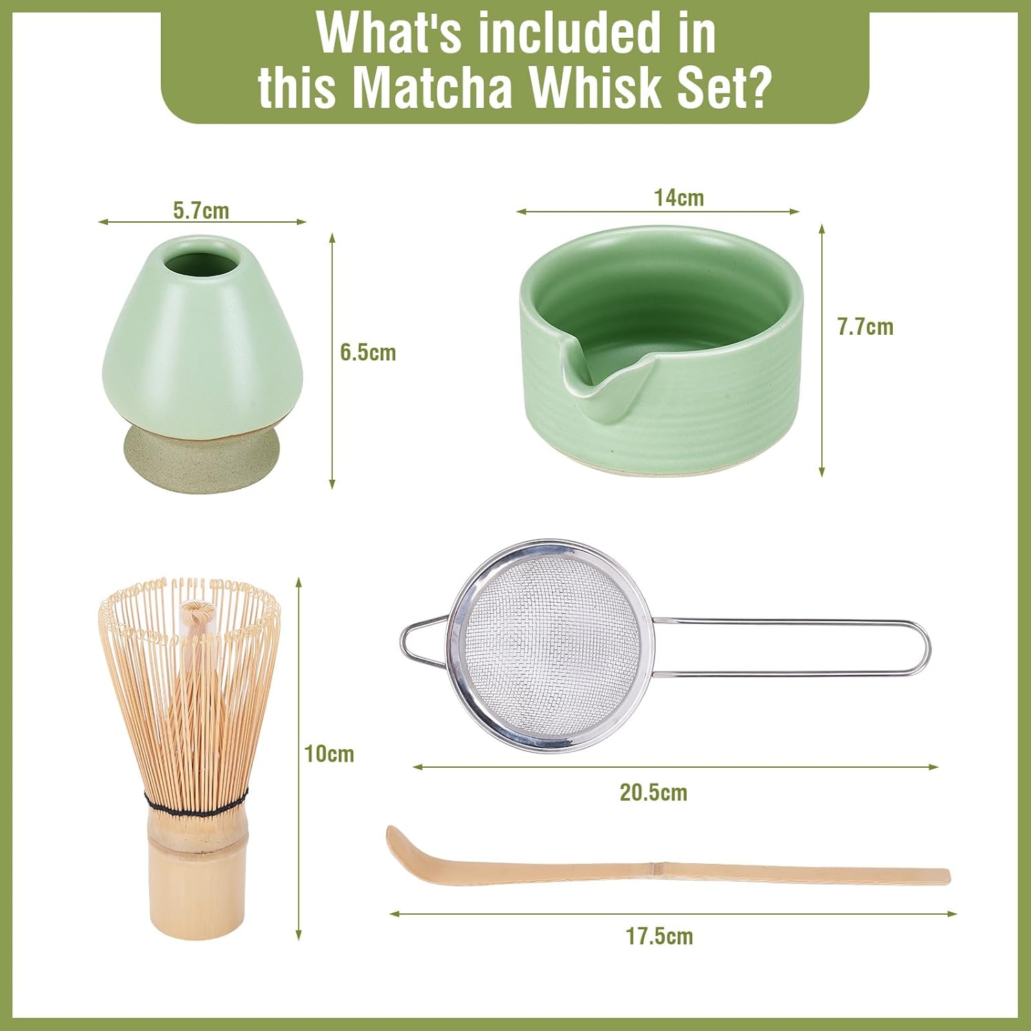 Matcha Whisk Set,5Pcs Household Matcha Kit,Elegant Japanese Matcha Tea Set,Ceramic Matcha Bowl with Spout, Matcha Whisk Holder,Bamboo Whisk, Stainless Sifter & Scoop for Tea Lover-Green image number 6
