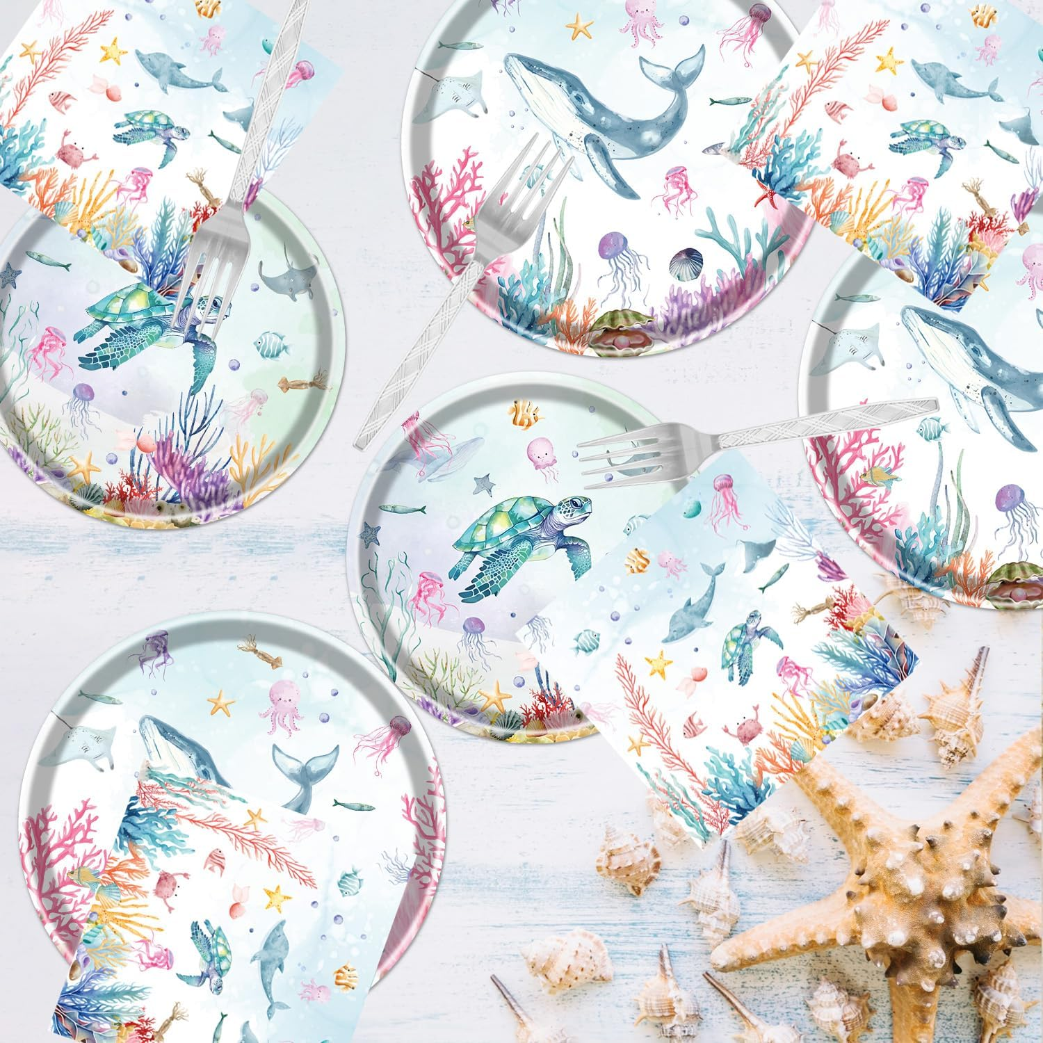 Under the Sea Party Decorations, 96PCS Ocean Themed Party Plates and Napkins Forks Decorations, Ocean Animals Disposable Underwater Whales Dolphins Baby Shower Supplies Serve 24 image number 3