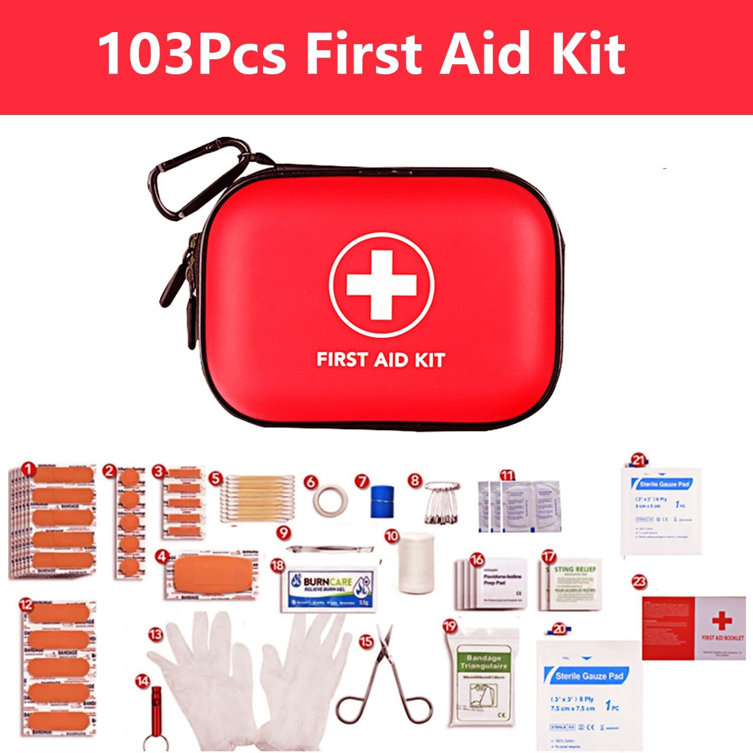 103Pcs First Aid Kit for Car, Home & Travel &ndash; Compact Emergency Medical Supplies for Survival, Camping, Hiking, Office &ndash; Waterproof Portable Case with Essential First Aid Gear (Red, 103Pcs)