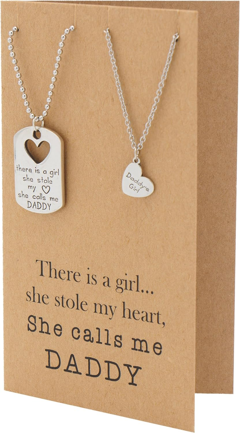 Quan Jewelry Father and Daughter Necklace Set, Dog Tag and Heart Charms Inspirational Gifts with Greeting Card