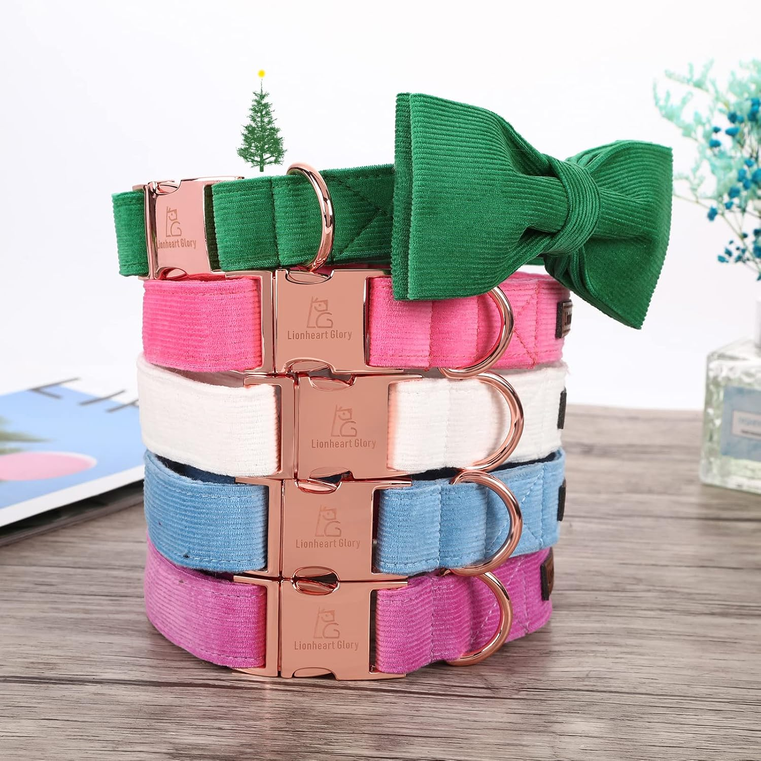 Lionheart Glory Pink Dog Collar, Corduroy Dog Collar with Bow, Pet Soft and Comfy Bow Tie Collar Adjustable Dog Collar for Small Medium Large Dogs image number 1