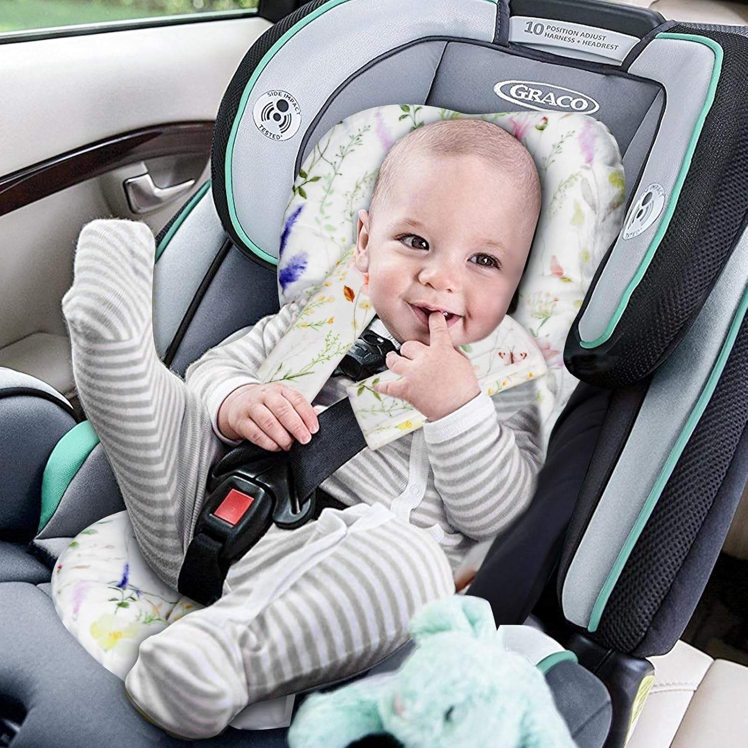 Infant Car Seat Insert Cushion, Super Soft Baby Car Seat Head Support & 2 Straps Pads, Reversible Preemie Newborn Carseat Insert, Fit Car Seat, Stroller, Infant Bouncer, Wildflowers image number 4