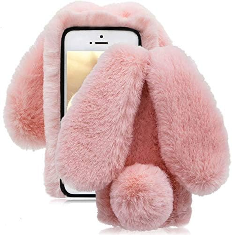 LCHDA Rabbit Case for Iphone SE 2Nd Generation/Iphone 8/Iphone 7(4.7"), Bunny Ear Case for Girls Fuzzy Cute Warm Winter Soft Furry Fluffy Fur Hair Plush Protective TPU Bumper Skin Cover - Pink - Black image number 2