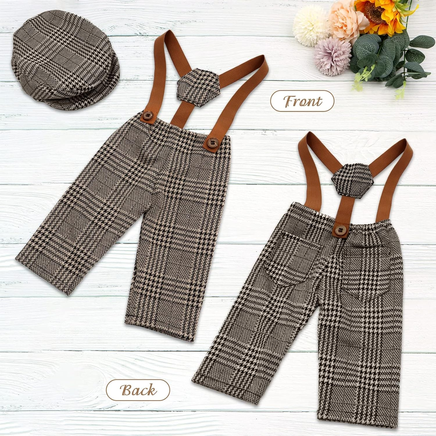 SPOKKI 4 Pcs Newborn Baby Photo Props, Lattice Rompers Suspender Pants with Beret Glasses Bow Tie for Infant Boys' Costumes, Newborn Boy Photography Outfit Set, Checked Fabric Gentleman Suit (Brown) image number 4