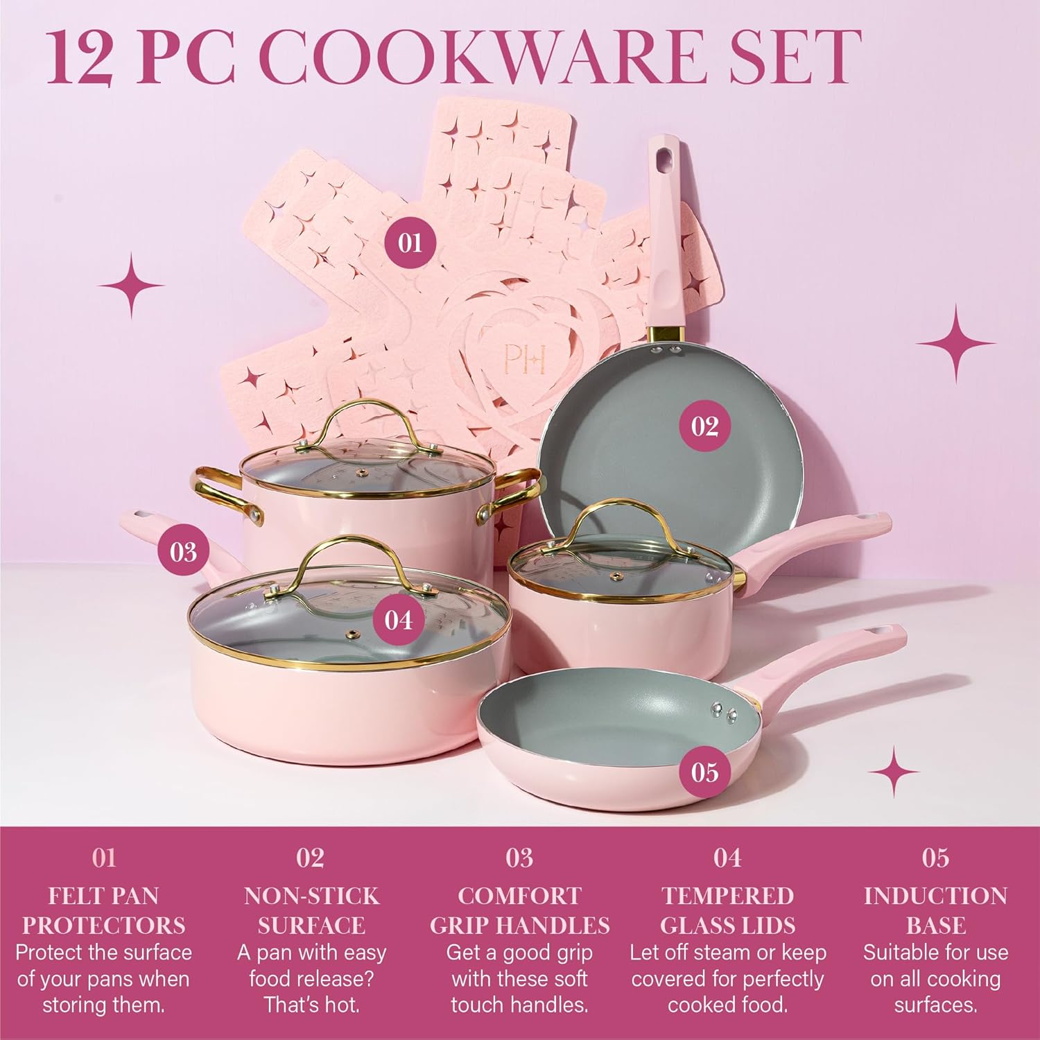 Paris Hilton Epic Nonstick Pots and Pans Set, Multi-Layer Nonstick Coating, Tempered Glass Lids, Soft Touch, Stay Cool Handles, Made without PFOA, Dishwasher Safe Cookware Set, 12-Piece, Pink image number 5