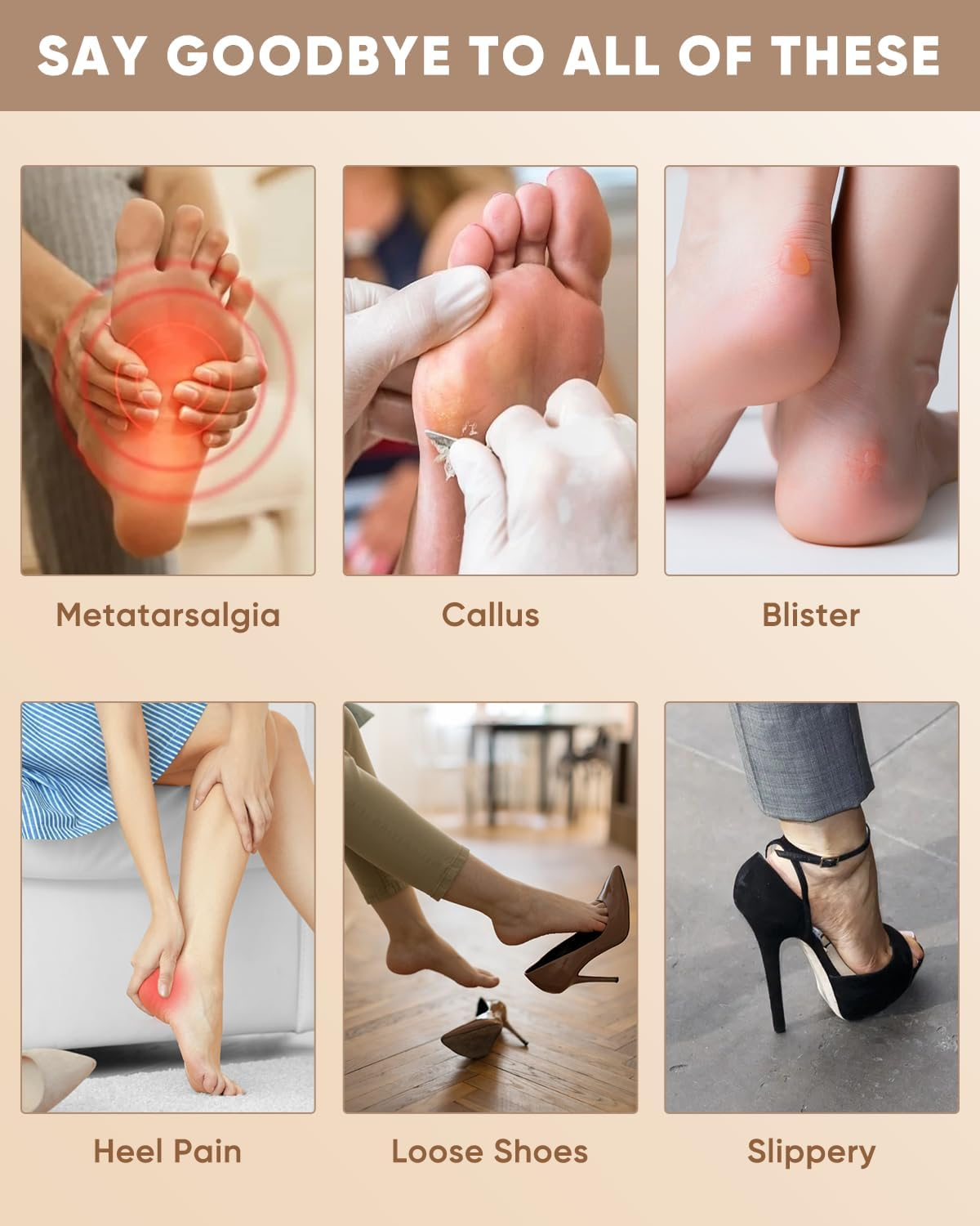 Heel Cushion Inserts and Metatarsal Pads for Women, 3 Pairs Heel Grips and 3 Pairs Ball of Foot Cushions, Silicone Shoe Pads Insoles for High Heels, Blister Prevention for Too Big Shoes image number 5