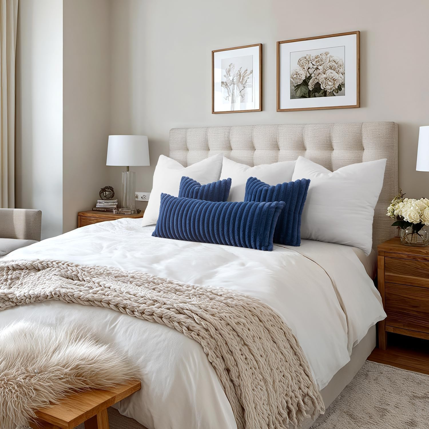 Faux Fur Throw Pillow Covers &ndash; Set of 2 Plush 18X18 Inch Cushion Covers Ultra-Soft Navy Blue Decorative Pillows for Sofa, Bed & Modern Spring Home Decor Navy Blue