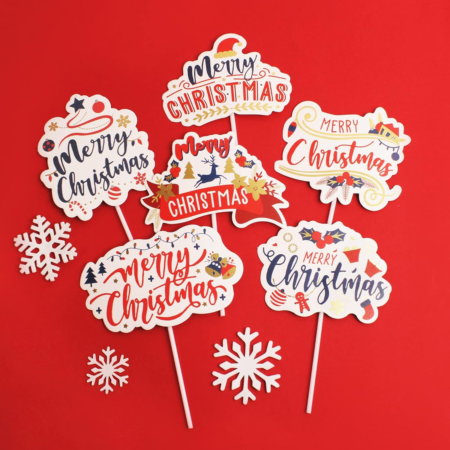 12Pc Red Christmas Cake Toppers Xmas Sweet Holiday Cupcake Toppers for Santa Tree Snowman Sock Candy Theme Party Cake Toppers Christmas Party Supplies image number 4