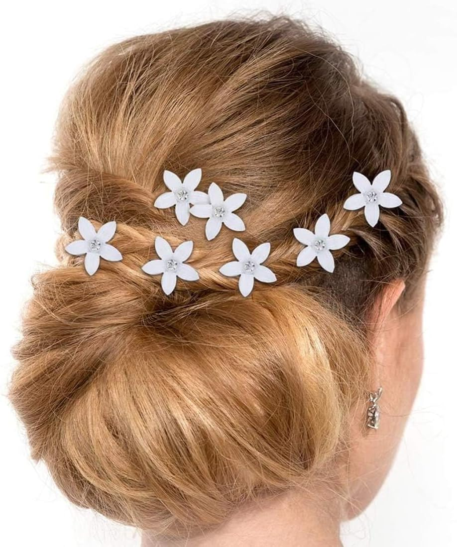 JRYXDS Pack of 10 White Mini Flower Hair Clips with Rhinestones, Metal Hair Pins for Women, for Girls, Wedding, Hair Accessories, Decorative image number 6