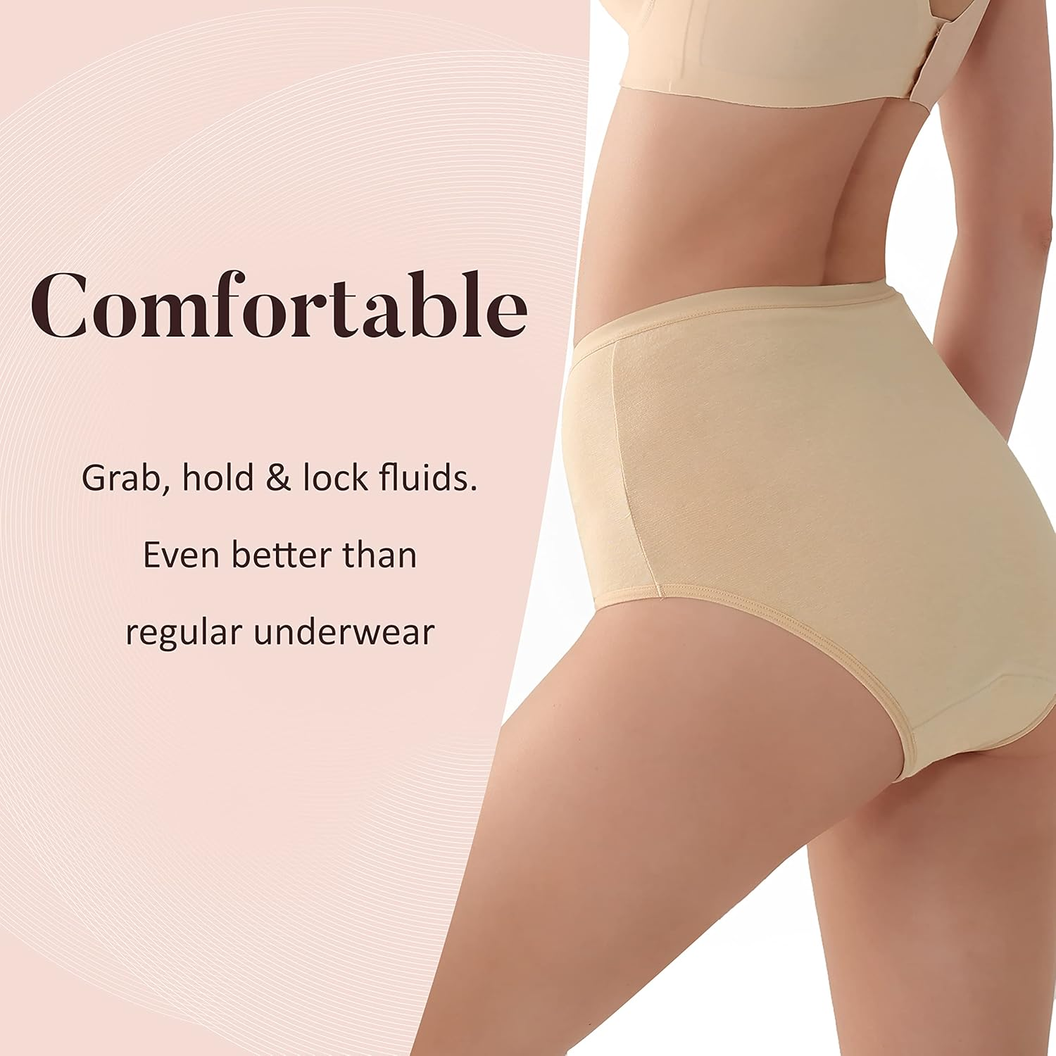 AIRCUTE Cotton Absorbency Incontinence Underwear for Women Urinary Bladder Leakage Protection, Reusable High Waist Panties for Leak Proof, 3 Packs (Large, Beige) image number 3