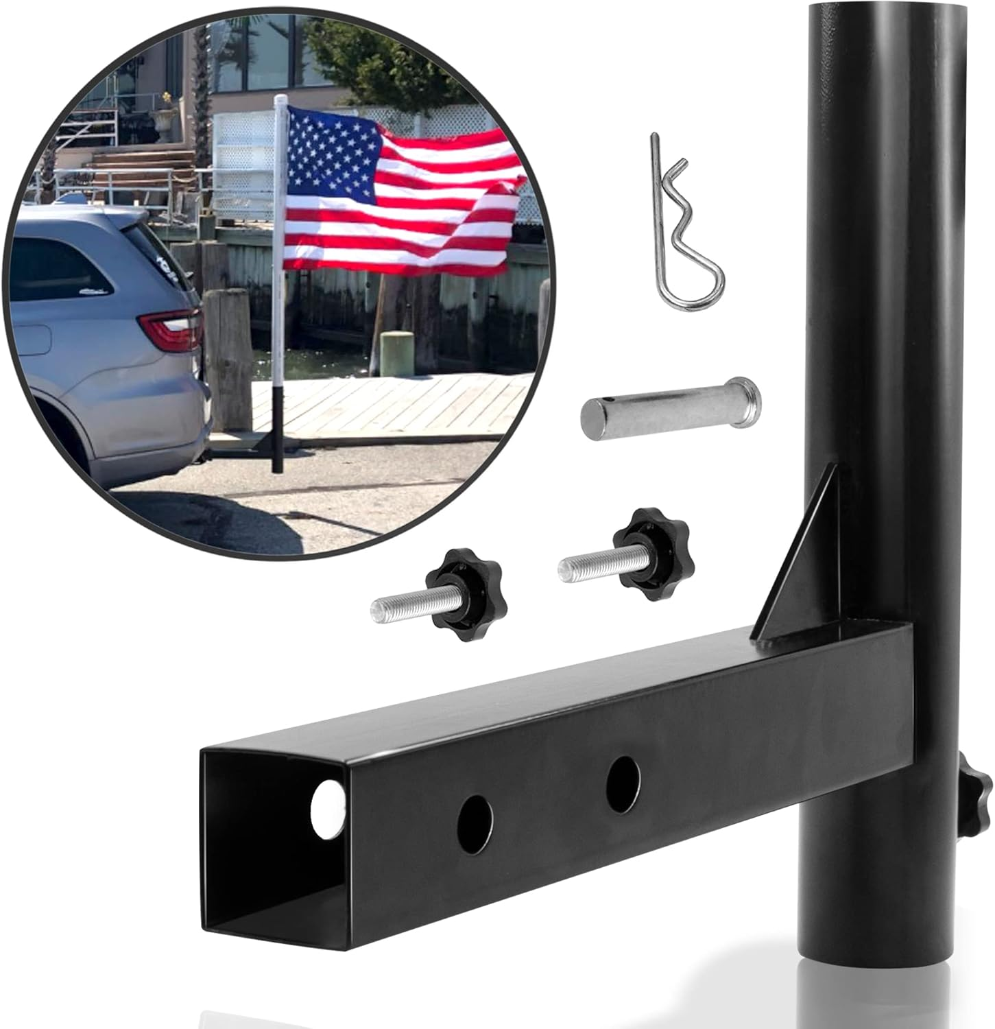 Anley Universal Car Hitch Mount Flagpole Holder - Compatible with Standard 2 Inch Hitch Receiver for Truck, Jeep, Van & RV - Vehicle Rear Flag Pole Mounting Bracket - Fit Flagpole of 1 to 2 In