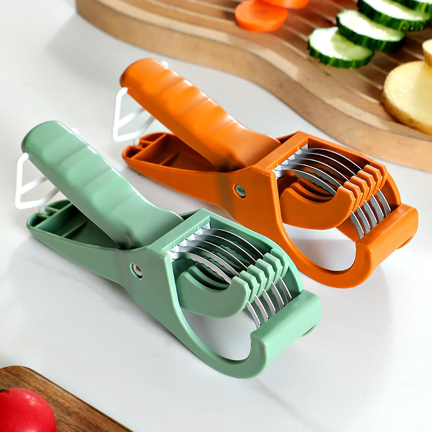 2 Pack Banana Slicer,Stainless Steel Banana Cutter,Fruit Salad Cutter Kitchen Tools for Banana, Hotdog, Strawberry (Green) image number 5