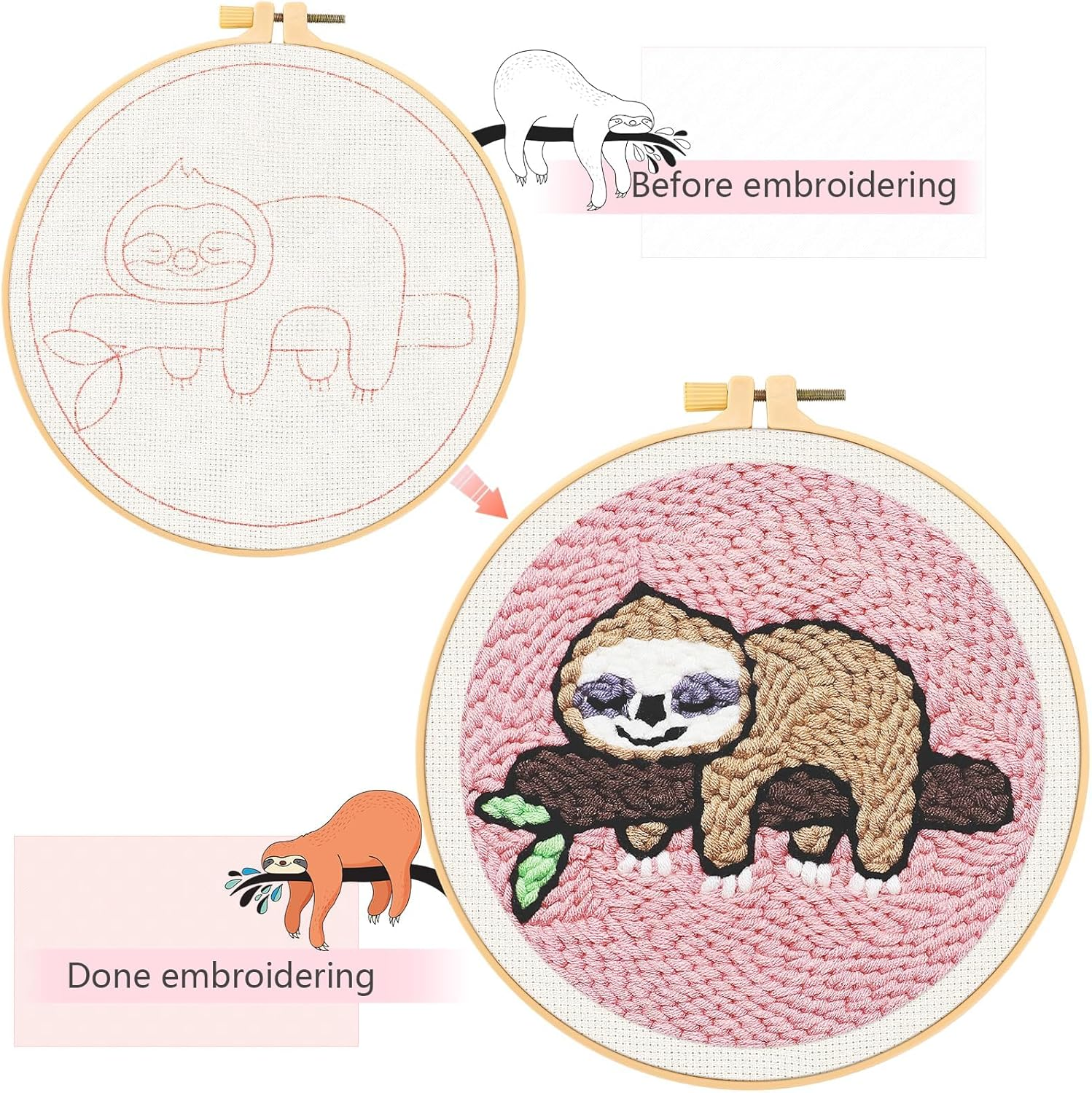 Punch Needle Kit for Beginners Starter Sloth Pattern Handcraft DIY Embroidery Craft with Instructions Hoop for Adults and Kids Festival Gift and Decoration image number 2