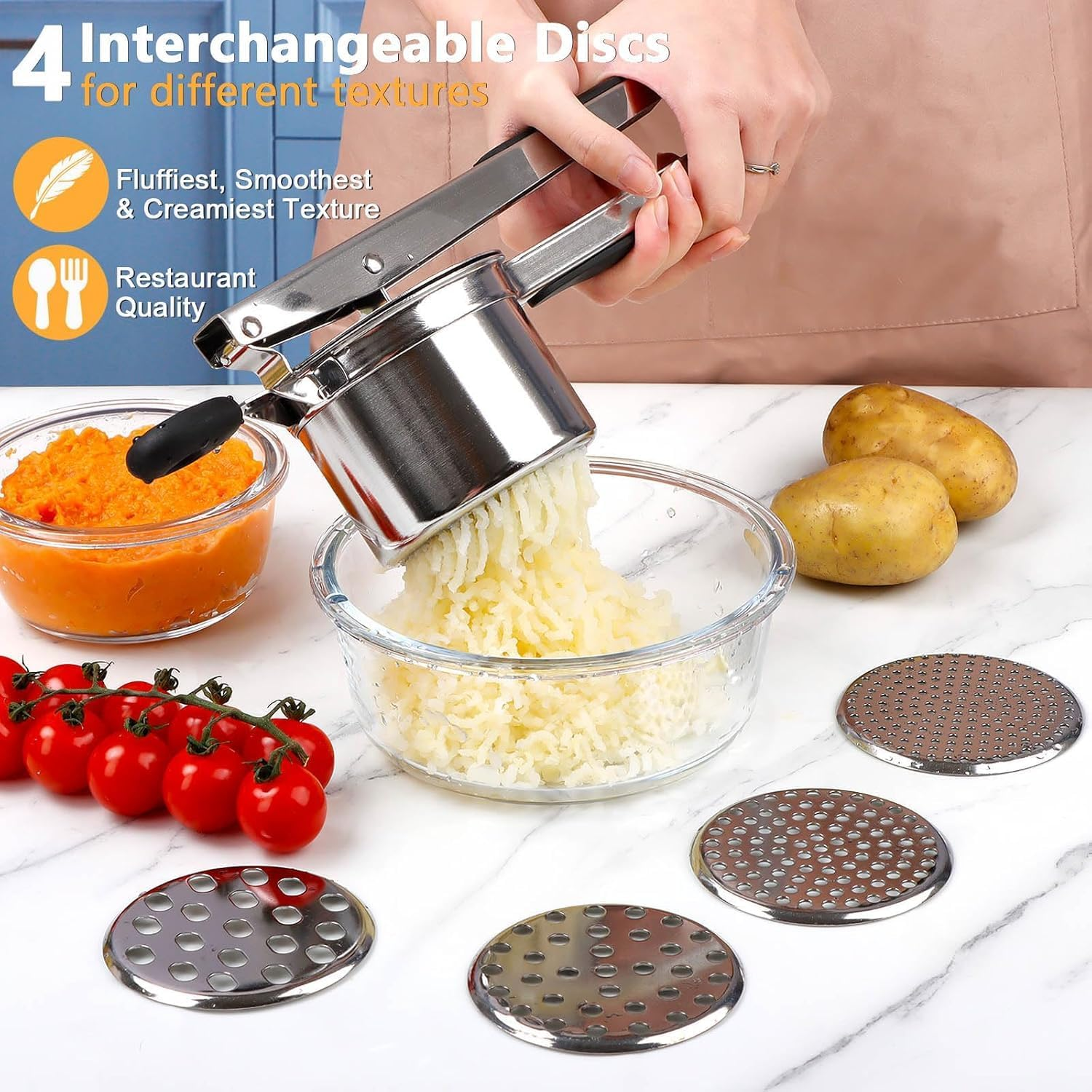 Stainless Steel Potato Ricer &ndash; Large Capacity with 4 Interchangeable Discs for Smooth Mashed Potatoes, Vegetables, Fruits, Baby Food &ndash; Durable, Rust-Resistant, Easy Clean Kitchen Tool image number 2