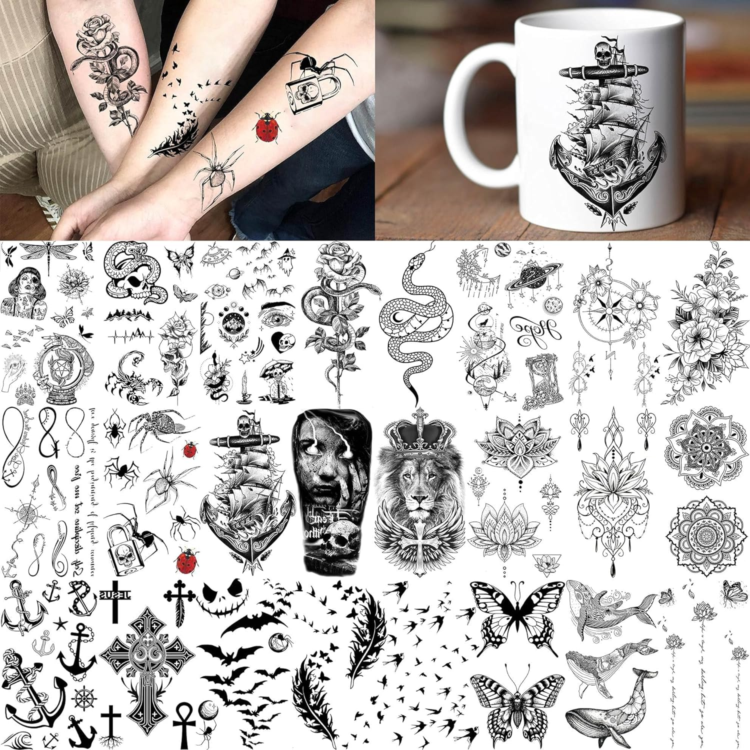 64 Sheets Long Lasting Flower Temporary Fake Tattoos for Women Arm Neck, Jellyfish Sunflower Moon Rose for Adults Girl, 3D Temp Realistic Snake Tatoo Stickers Serpent Peony Floral Kids