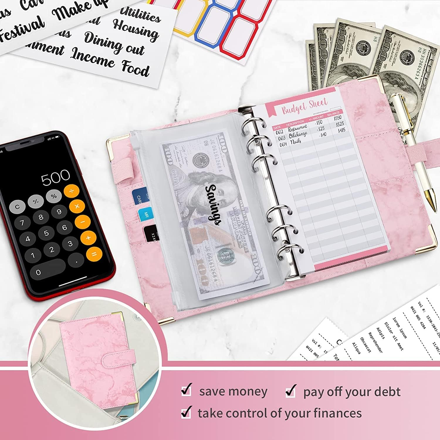 Budget Binder, Cash Envelopes for Budgeting, Money Organizer for Cash, 12Pcs Budget Binder with Cash Envelopes, Marble 6-Ring Money Saving Binder(Pink) image number 4