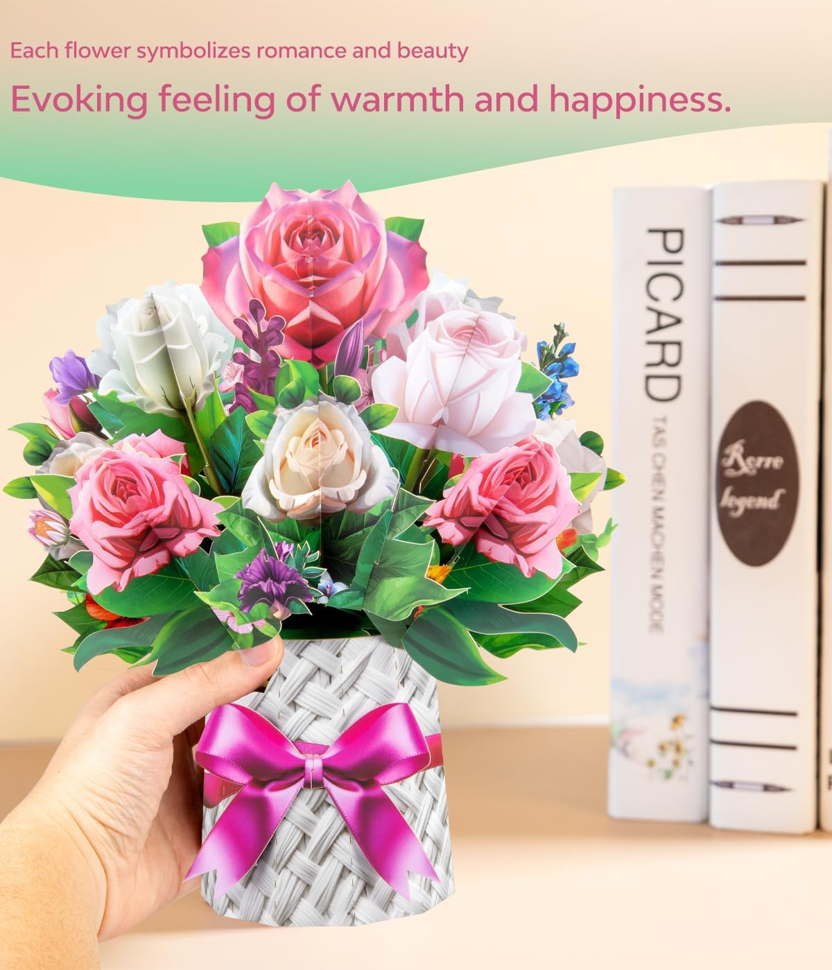 3D Pop-Up Pink & White Rose Bouquet Card Elegant Floral Card for Mother&rsquo;S Day Birthday Anniversary Valentines Thank You Retirement Get Well Thinking of You &ndash; Includes Envelopes & Blank Note Card image number 2