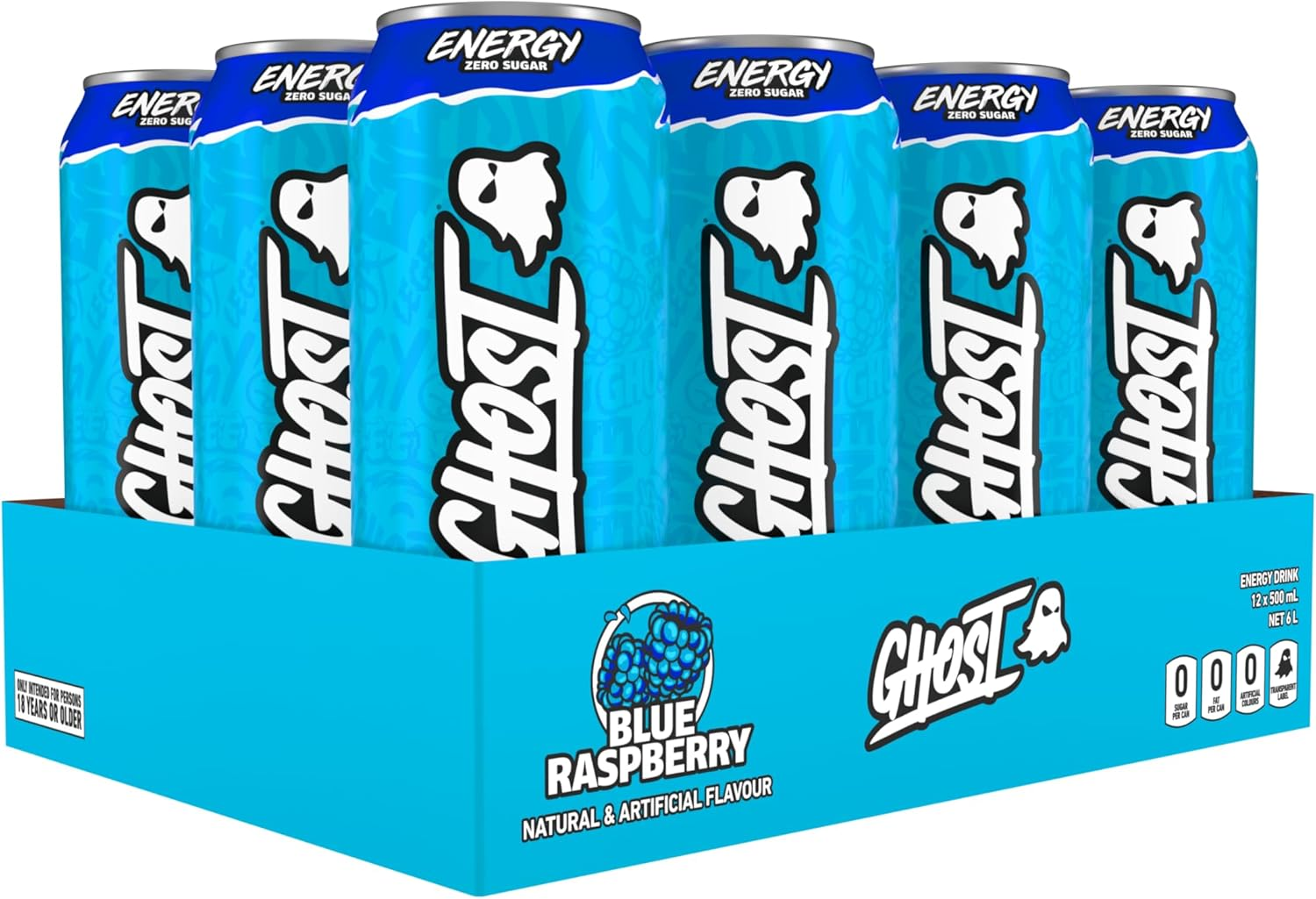 GHOST Energy Drink - 12-Pack, Blue Raspberry, 500 Ml Cans - Energy & Focus & No Artificial Colours - 160Mg of Natural Caffeine - Vegan image number 1