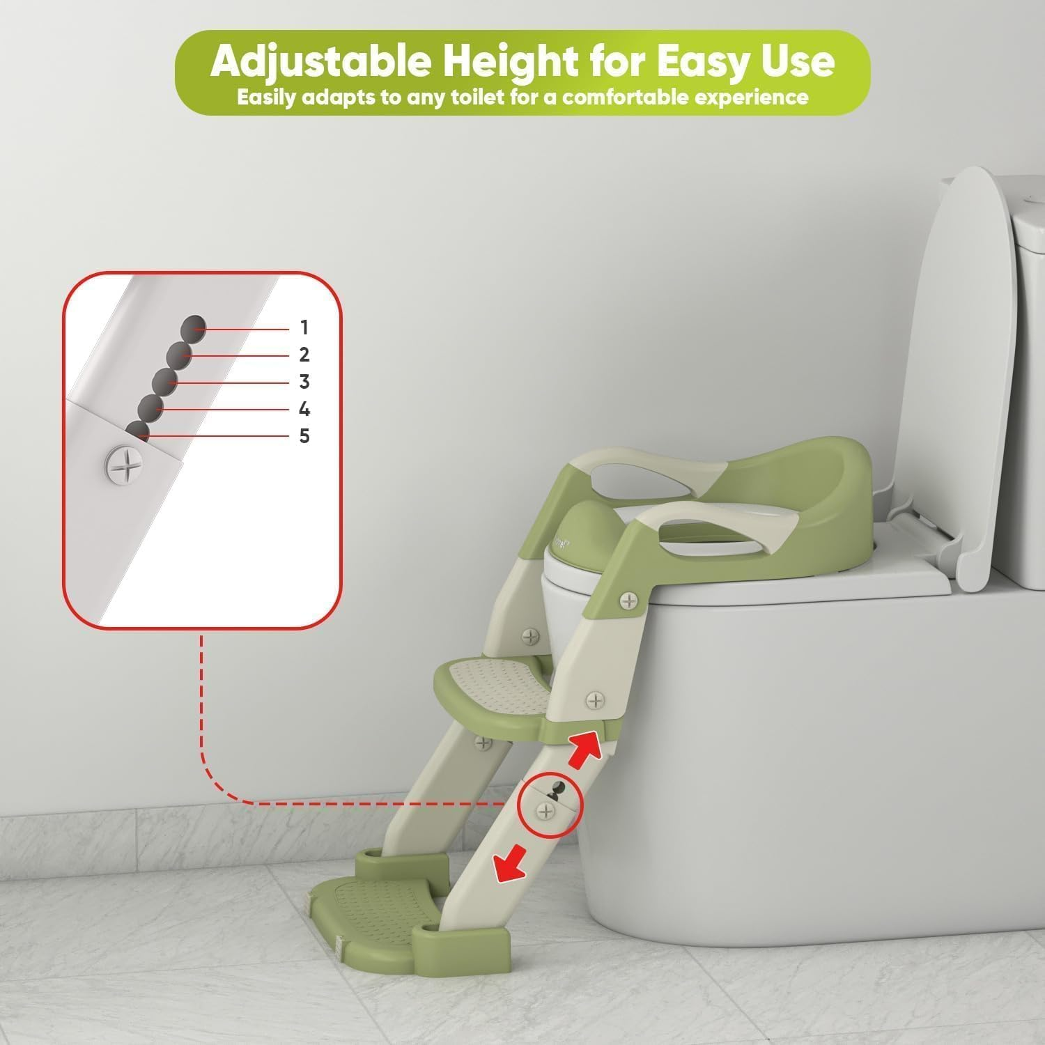 Uandhome Potty Training Seat,3-In-1 Toddler Potty Training Toilet Seat with Foldable Ladder for Kids Boys Girls, Adjustable Height Potty Chair with Anti-Slip Steps Safety Handles Soft Cushion(Green)