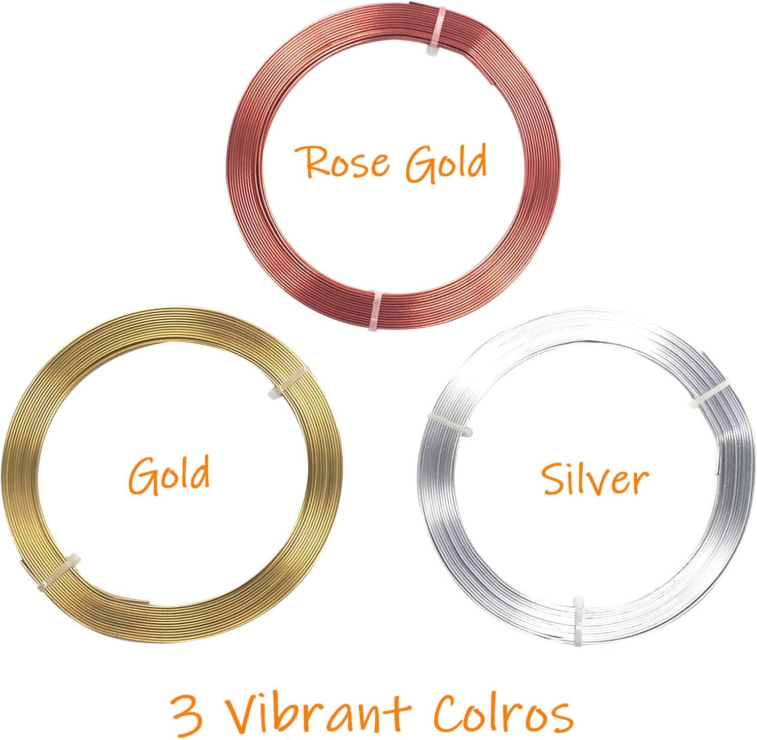 Cinvo 3 Rolls Flat Craft Wire Jewelry Wire Flexible Aluminium Wire Tarnish Resistant for Bezel Sculpting DIY Jewelry Craft Making (1Mm Thickness, 3Mm Width, Silver, Gold, Rose Gold) image number 3