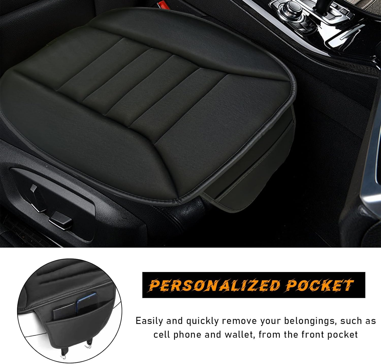 Povtii Car Seat Cushion with Front Pocket, Non-Slip Bottom Cushion for Car Driver Office or Home Chair, Breathable Pressure Relief Seat Pad with Memory Foam, Car Accessories (Black) - Gray With Pocket image number 4