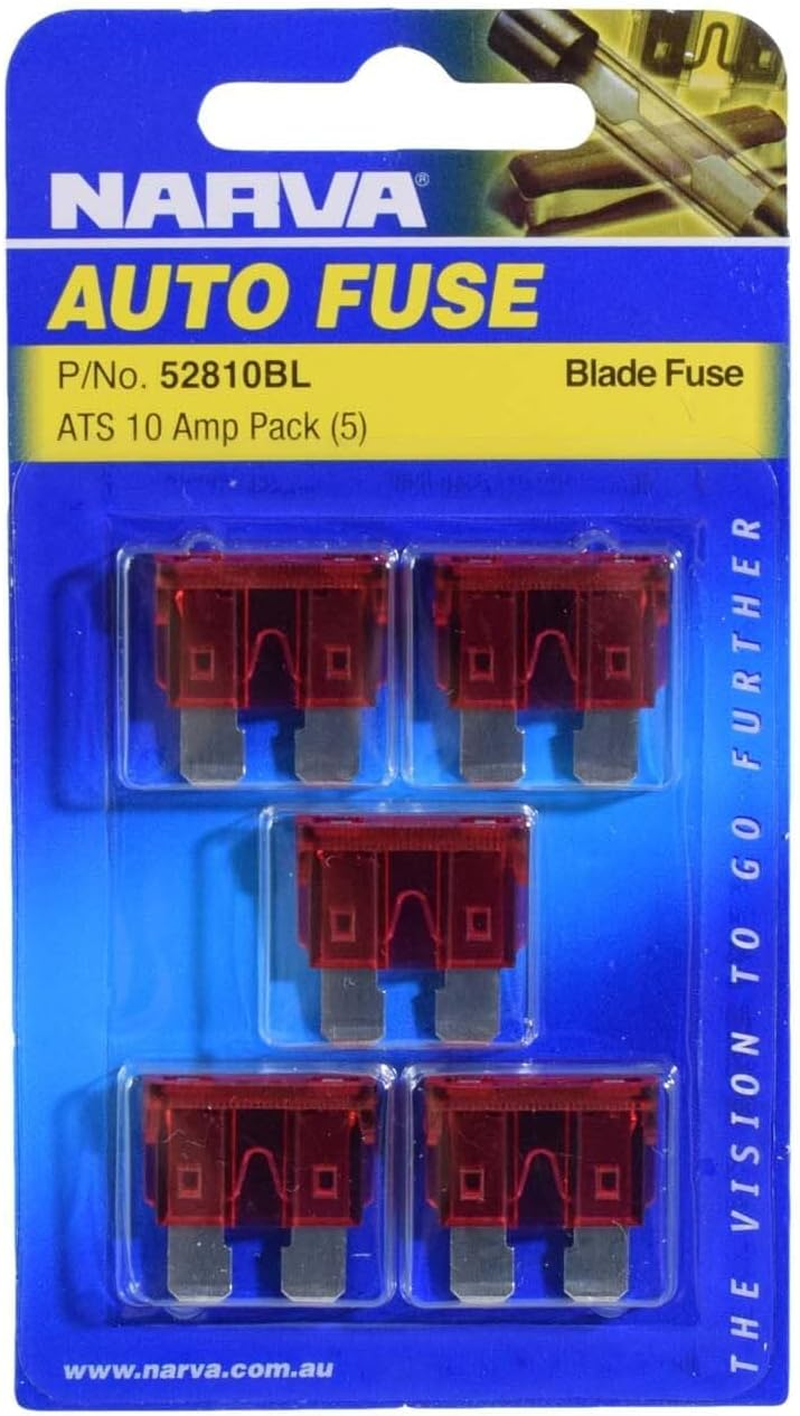 Narva 10 Amp Standard ATS Blade Fuse, Red, 19 X 19 Mm (Blister Pack of 5)