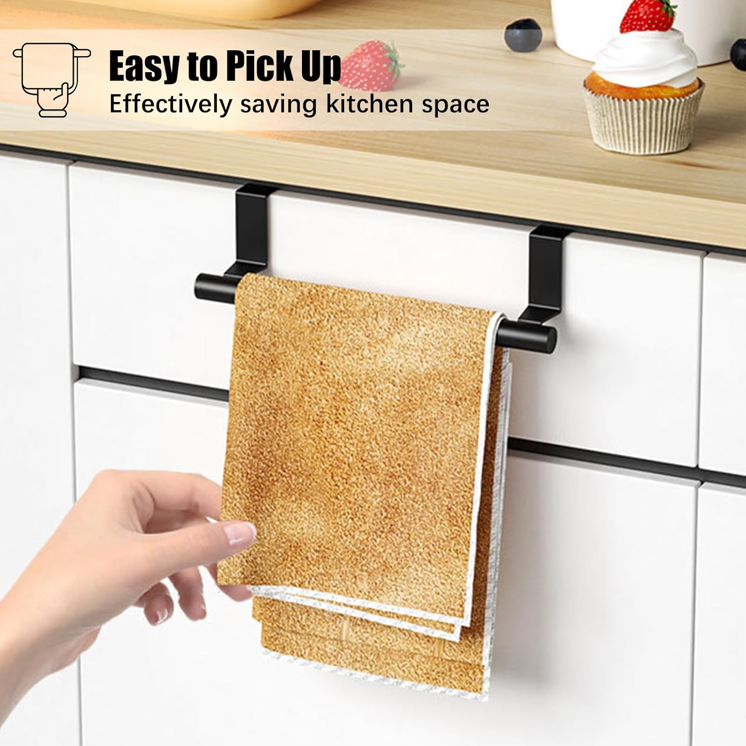 RETON 3 PCS over Door Towel Rack, 9.25 Inch Stainless Steel Cabinet Towel Hanger, Kitchen Towel Bar Holder with Anti-Slip Pads, No Drilling Required (Black) image number 4