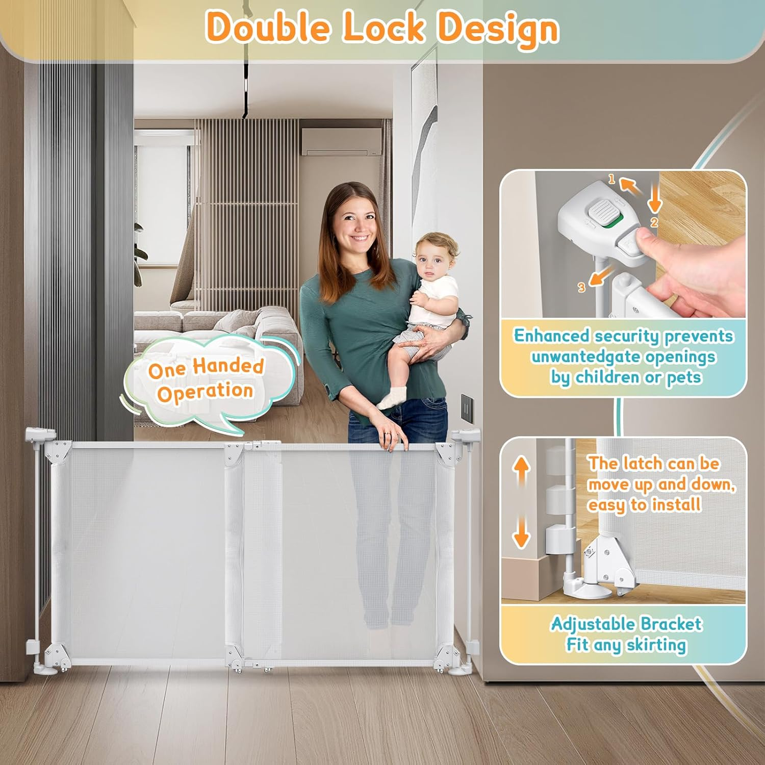 Foldable Baby Gate, Adjustable Baby Gates for Doorways, Dog Gate Adjustable Width 80 to 140Cm, 75Cm Tall Pet Gate One Handed Operation, Mesh Safety Gate for Stairs/Hallways/Outdoor/Indoor image number 2