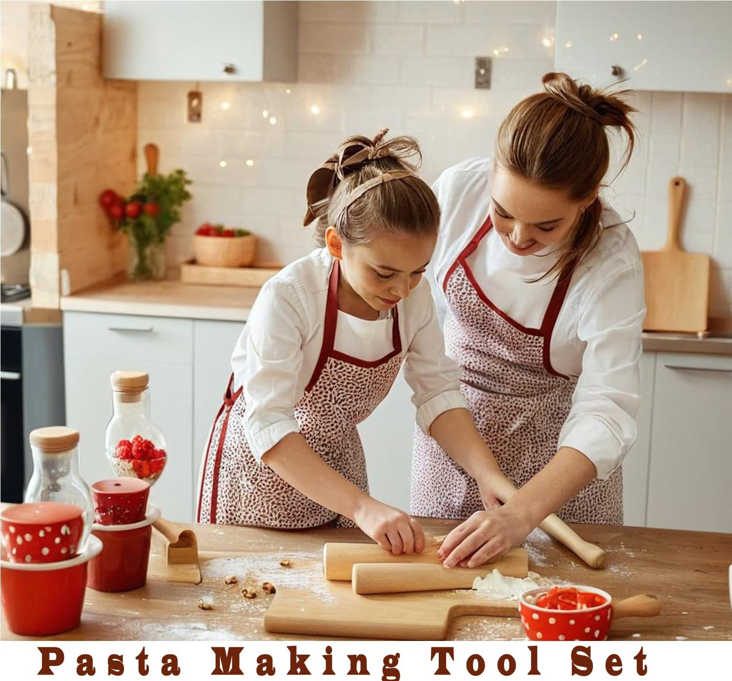 8-Piece Pasta Making Tools Set | Wooden Gnocchi Board, Pasta Cutter, Rolling Pin, Ravioli Stamps | Pasta Maker Accessories| Pizza Rolling Pin & Ravioli Press | Gnocchi Board Wood | Pasta Shape Maker image number 3