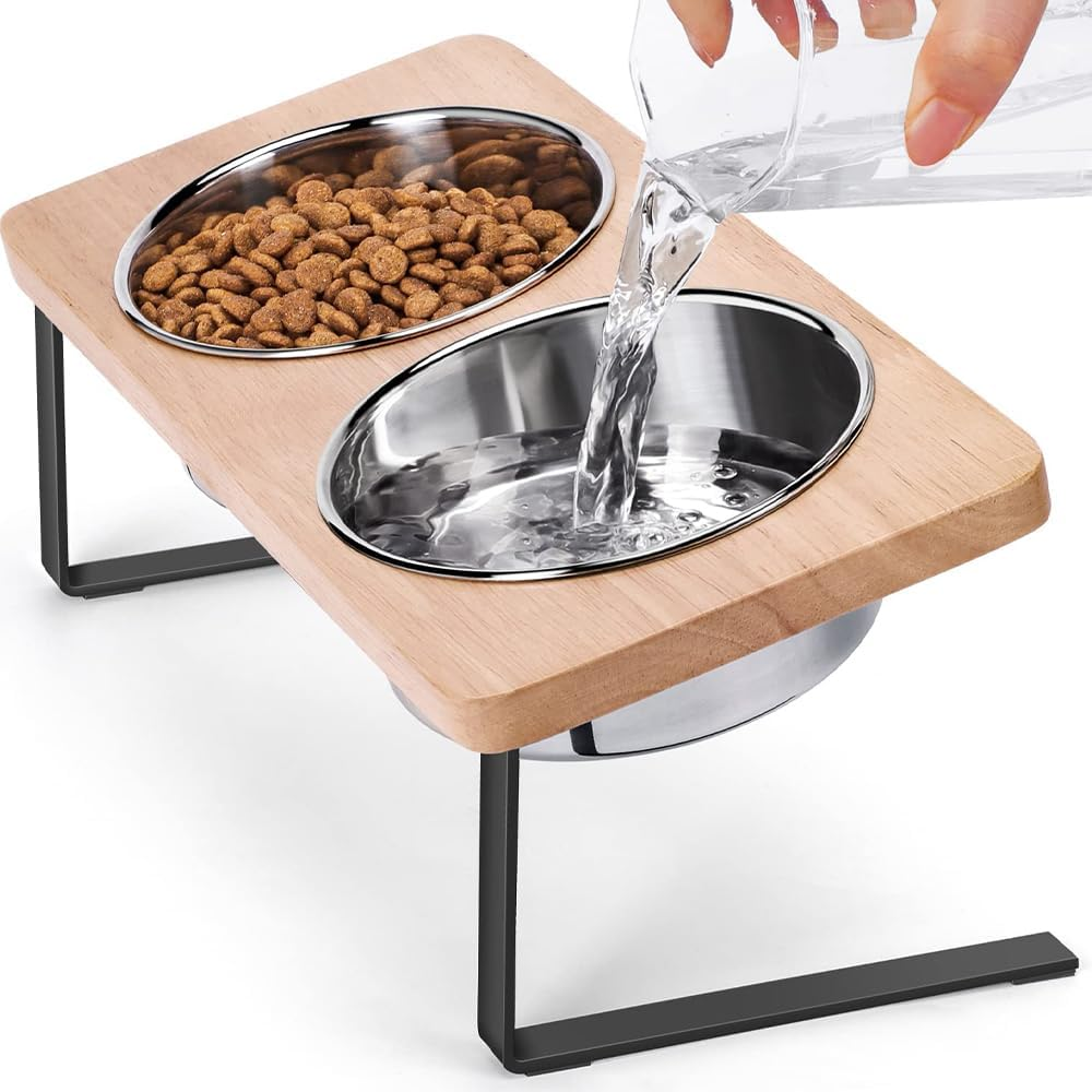 Elevated Cat Bowls with 2 Holder, Portable Pet Bowl Holder, Pet Bowls Stand, Raised Food Feeding Dishes, Bowl Holder Suitable for Medium Large Animals (Wood, 30&times;15&times;16 CM)