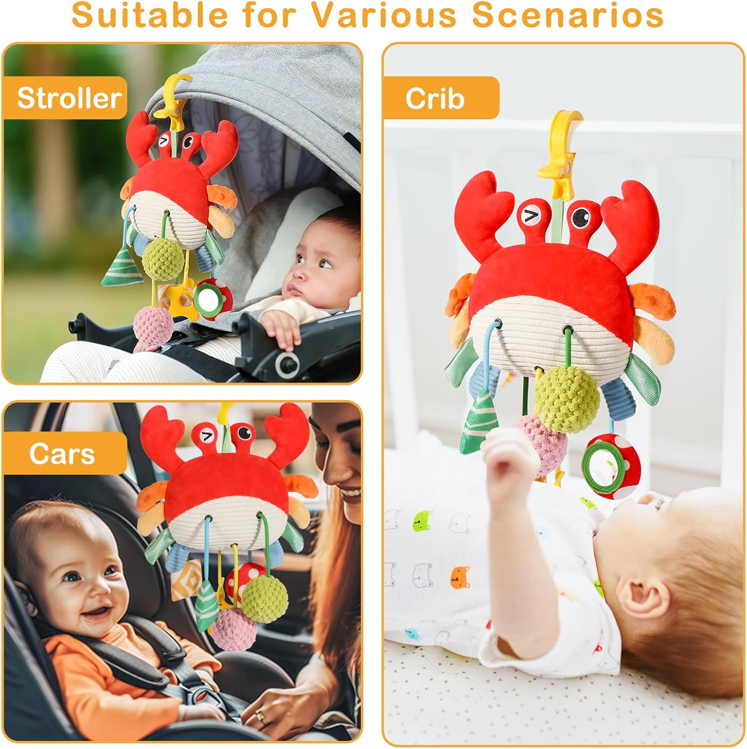 Baby & Toddler Toys, Soft Plush Crab Baby Sensory Toys with Rattle and Multiple Textures, Interactive Hanging Toy for Stroller or Car, Newborn Infant Gift image number 3