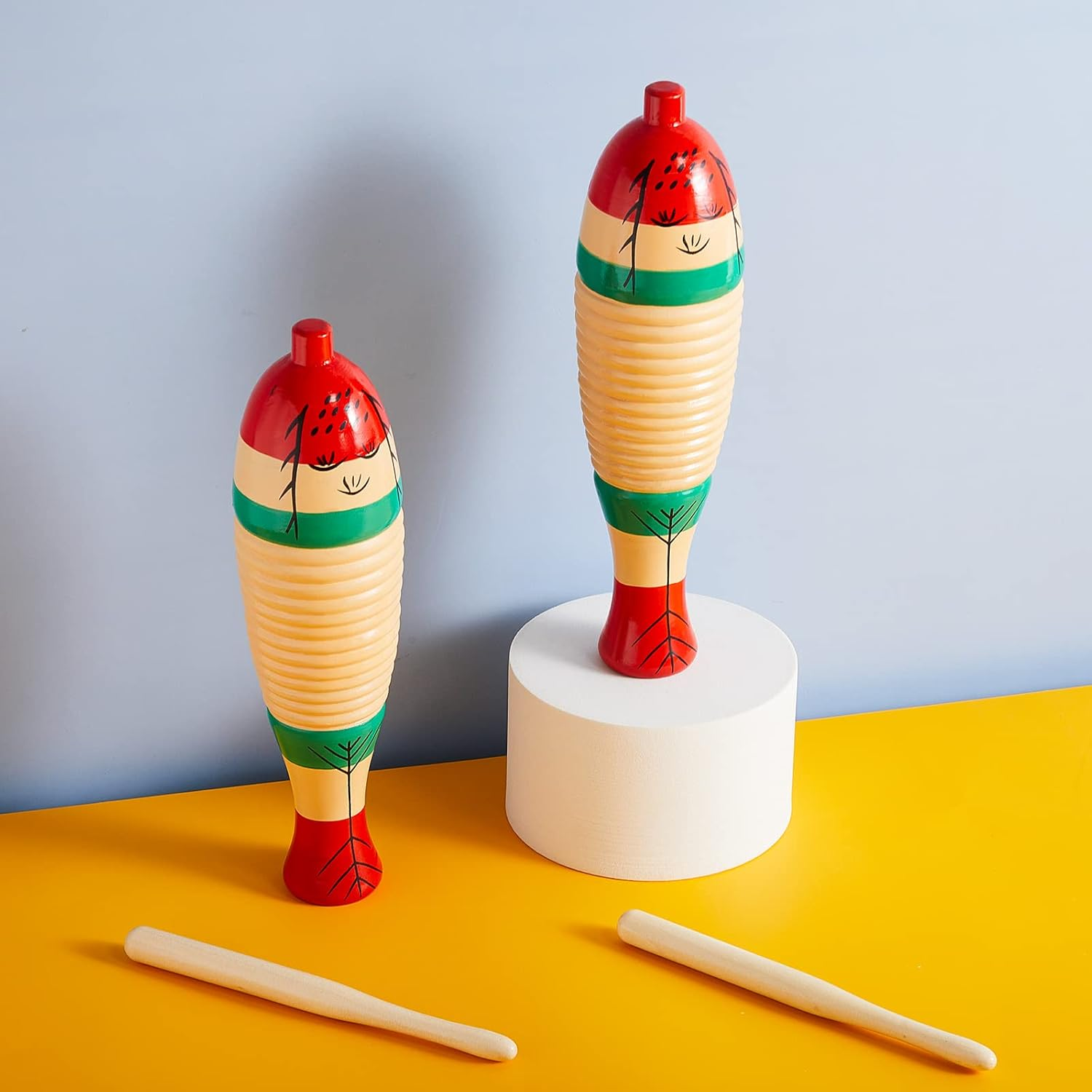 2 Pieces Colorful Fish Shaped Guiro Instrument Latin Percussion Musical Wooden Frog Instrument Musical Percussion for Adults Kids with Rhythm Sticks image number 1