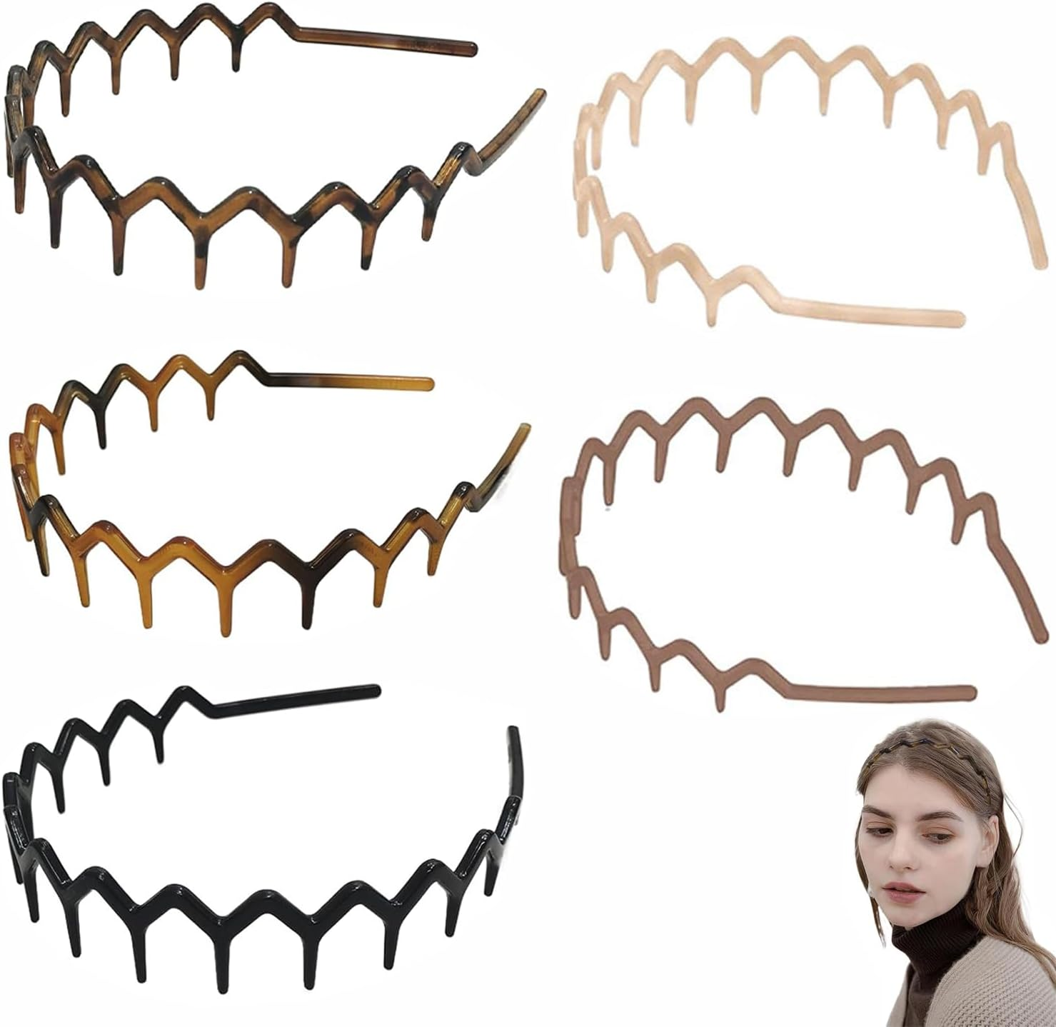 BEANPRECOY Set of 5 Zig Zag Headbands Recycled Plastic Wavy Toothed Hair Band Tooth Comb Hairband Wavy Zigzag Headband for Women and Men Classic 90S Hair Hoop Accessories Multiple Colours