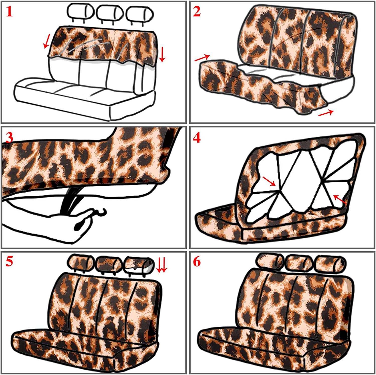 13 Pcs Leopard Print Car Seat Cover Full Set, Leopard Car Accessories for Women Men, Leopard Seat Covers Steering Wheel Cover Armrest Pad Cover Seat Belt Pad Keychain Wrist Strap and Cup Holder