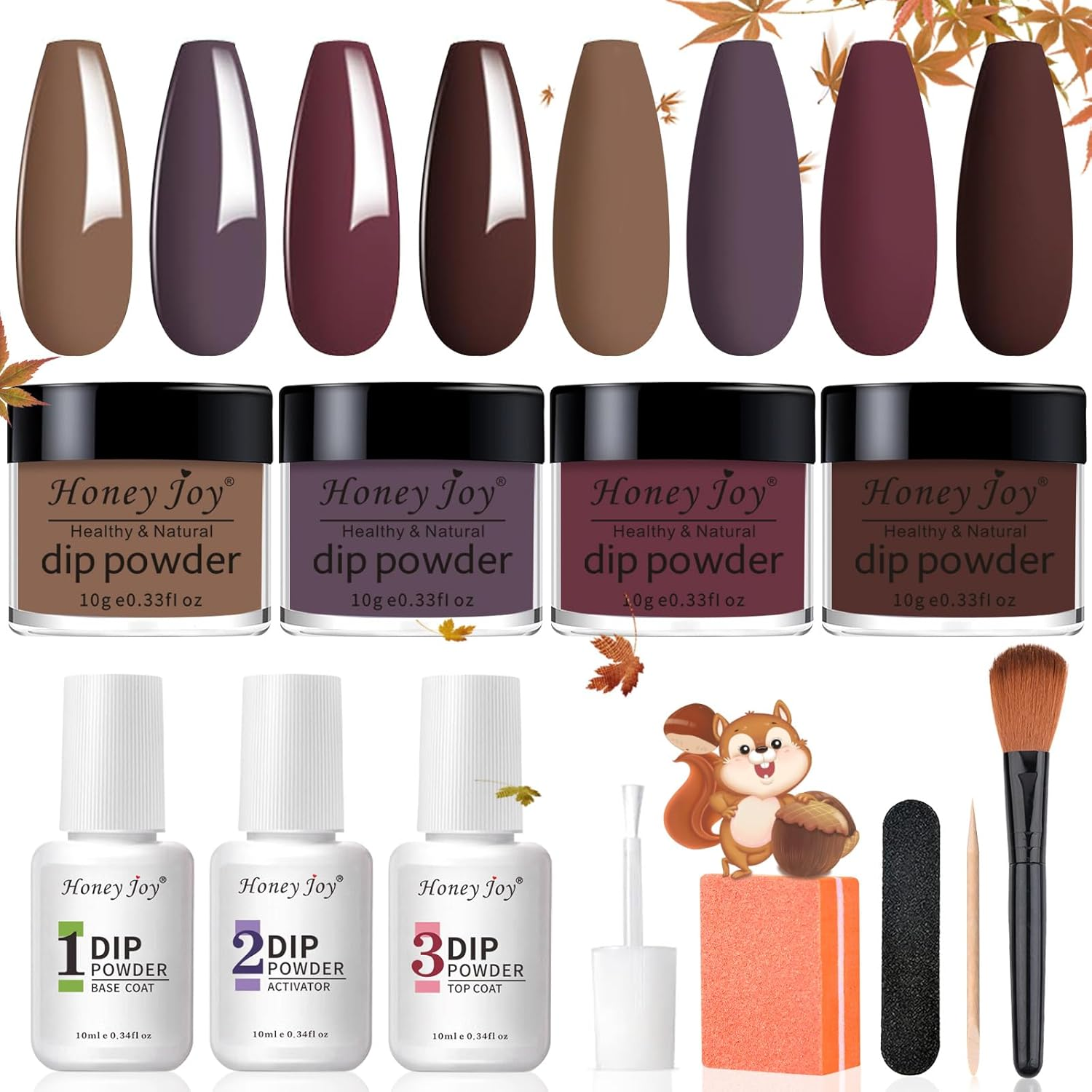 Honey Joy Dip Powder Nail Kit Starter, 4 Colors Fall Dip Powder Colors Nail Kit with Base Top Coat for Nail Art Manicure Salon DIY, Dip-7Pcs-No.18 image number 5