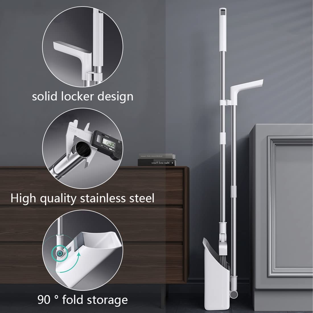 Broom and Dustpan Set for Home, Long Handle 180&deg; Rotating Broom and Dustpan Combo with Teeth, Foldable Upright Standing Dust Pan and Broom for Room, Kitchen, Office Floor Cleaning