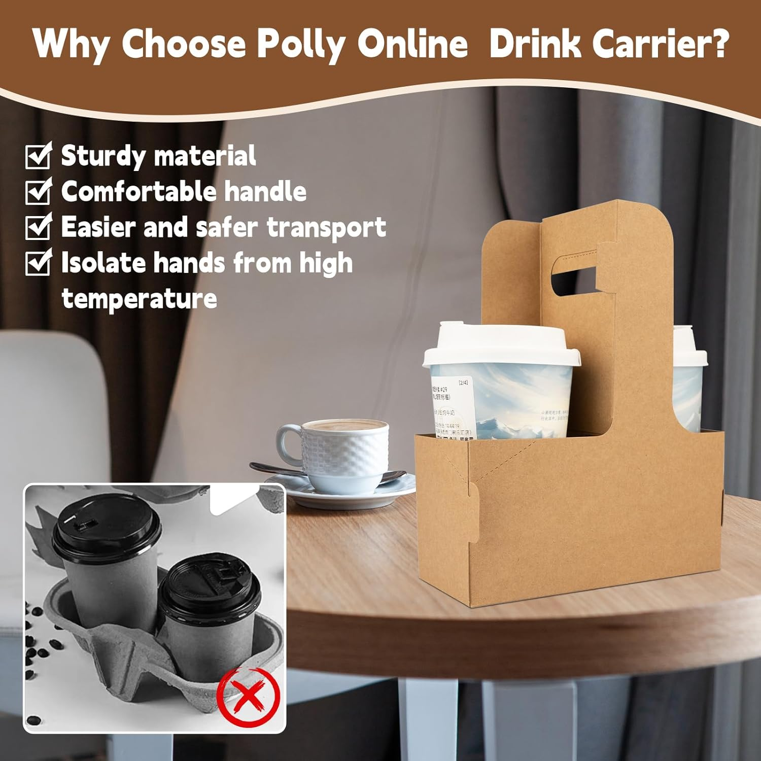 2 Cup Drink Carrier with Handle,Pack of 20 Kraft Paperboard Take Out Cup Carriers,Portable Foldable Cup Carrier for Hot or Cold Drinks,Coffee Carrier, Food Delivery (Brown) image number 4