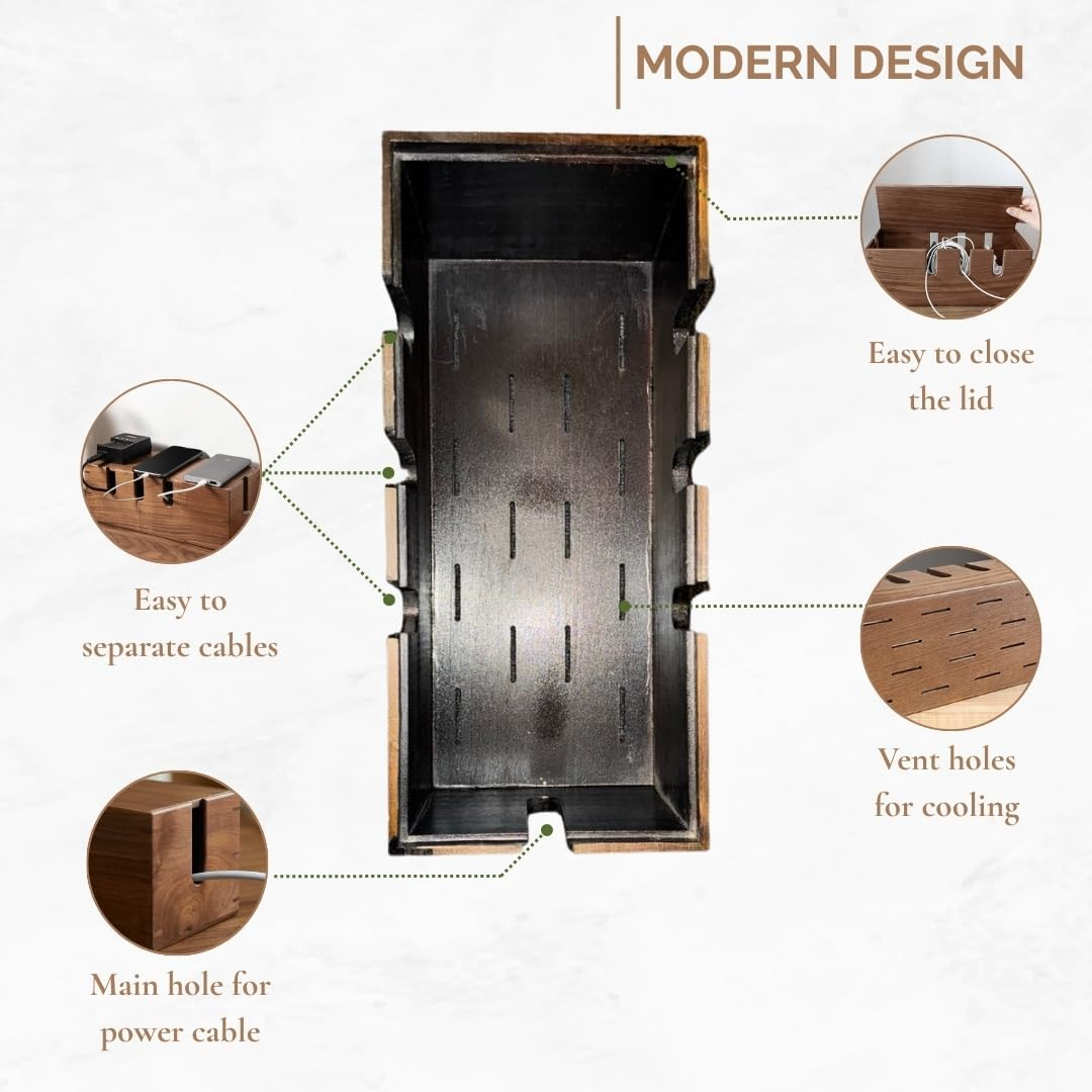 Small Wooden Cable Management Box &ndash; 31 X 12 X 13 Cm Cords Organiser for Power Board & Surge Protectors &ndash; Wire Organizer Box for Desk, TV Unit & Computer Desk image number 5